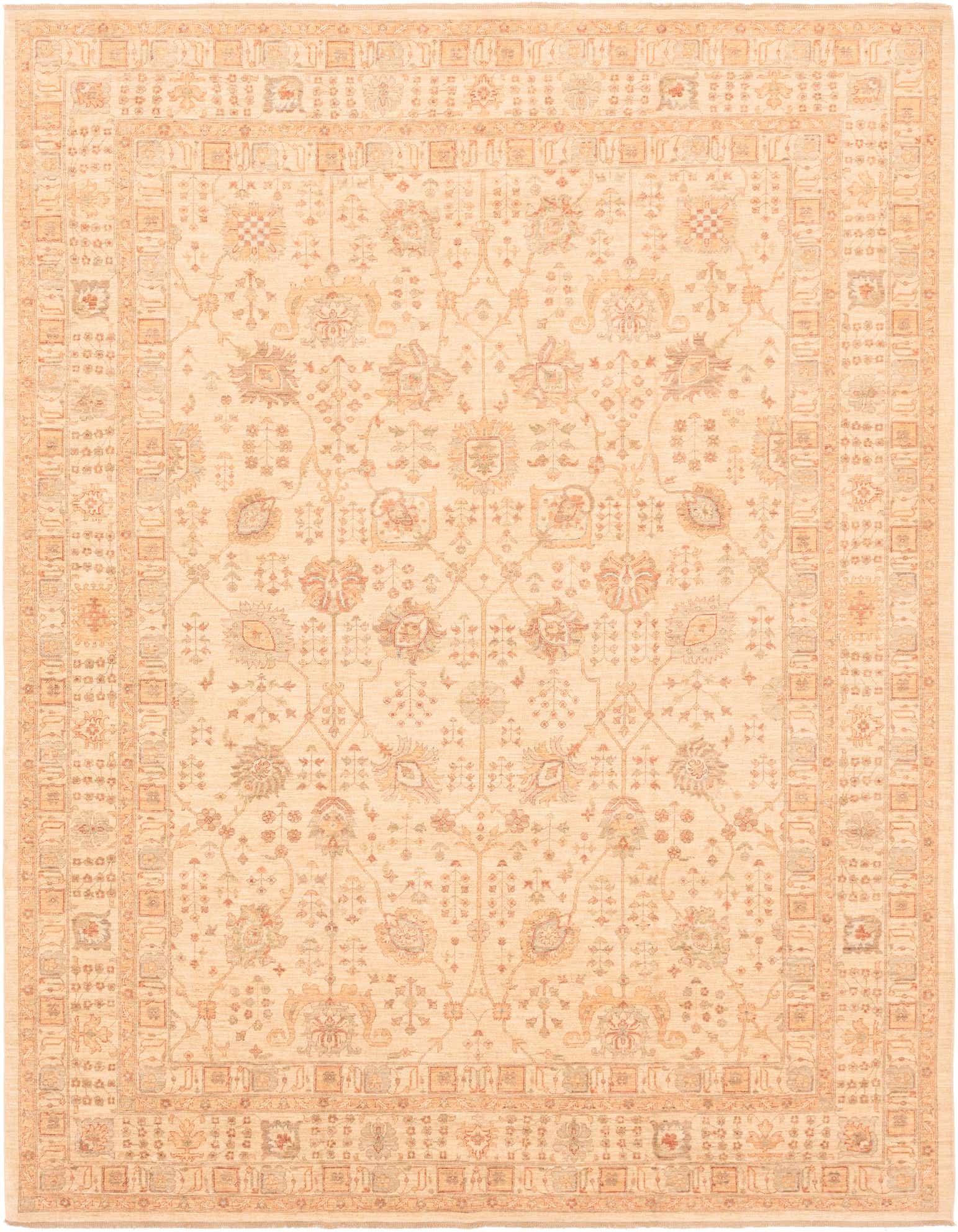 A 10x13 rectangular Ariana Ziegler rug featuring a traditional ivory and cream field with intricate floral and tribal patterns in muted earth tones.