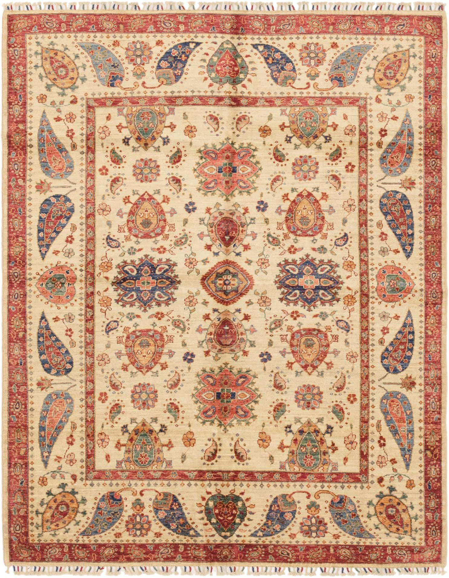 A 6x9 rectangular Ariana Ziegler rug with an ivory field, red border, and colorful traditional patterns.