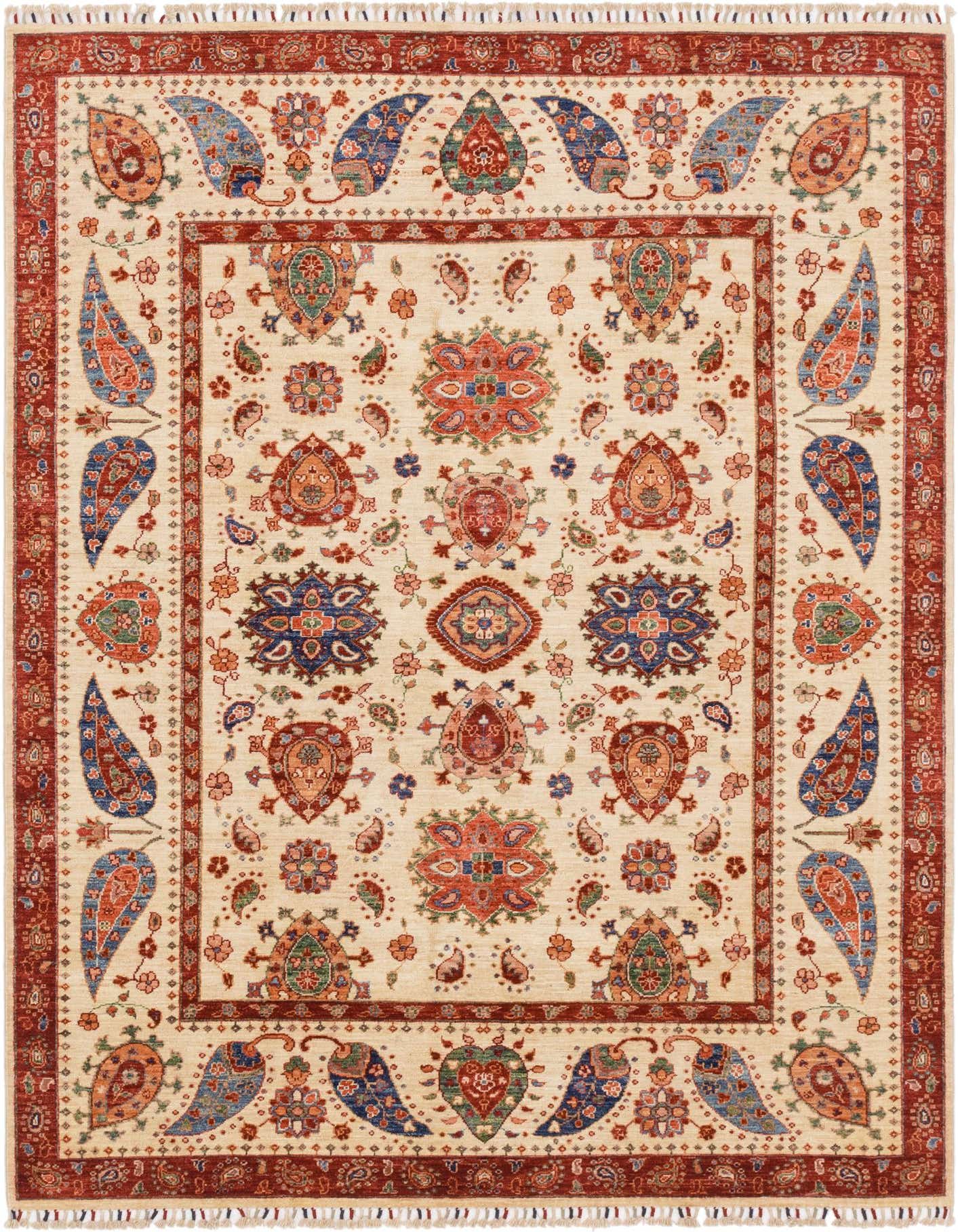A 6x9 rectangular Ariana Ziegler rug featuring a traditional Southwestern pattern in ivories, creams, and rich reds with blue and orange accents.