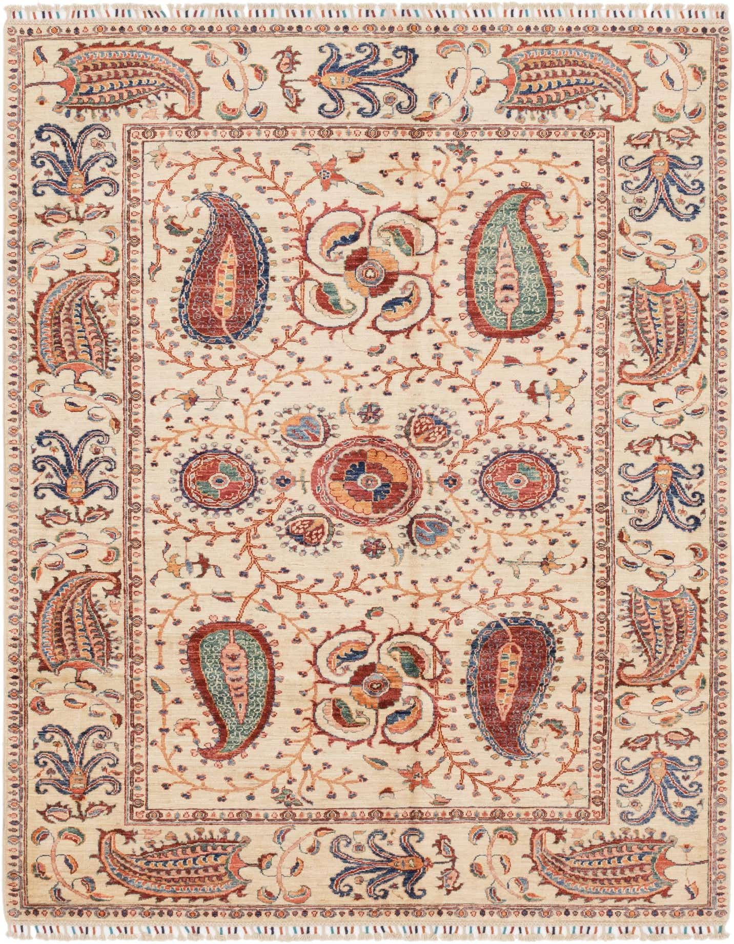A 6x9 rectangular ivory Ariana Ziegler rug with a traditional tribal pattern featuring large colorful paisley and floral motifs.