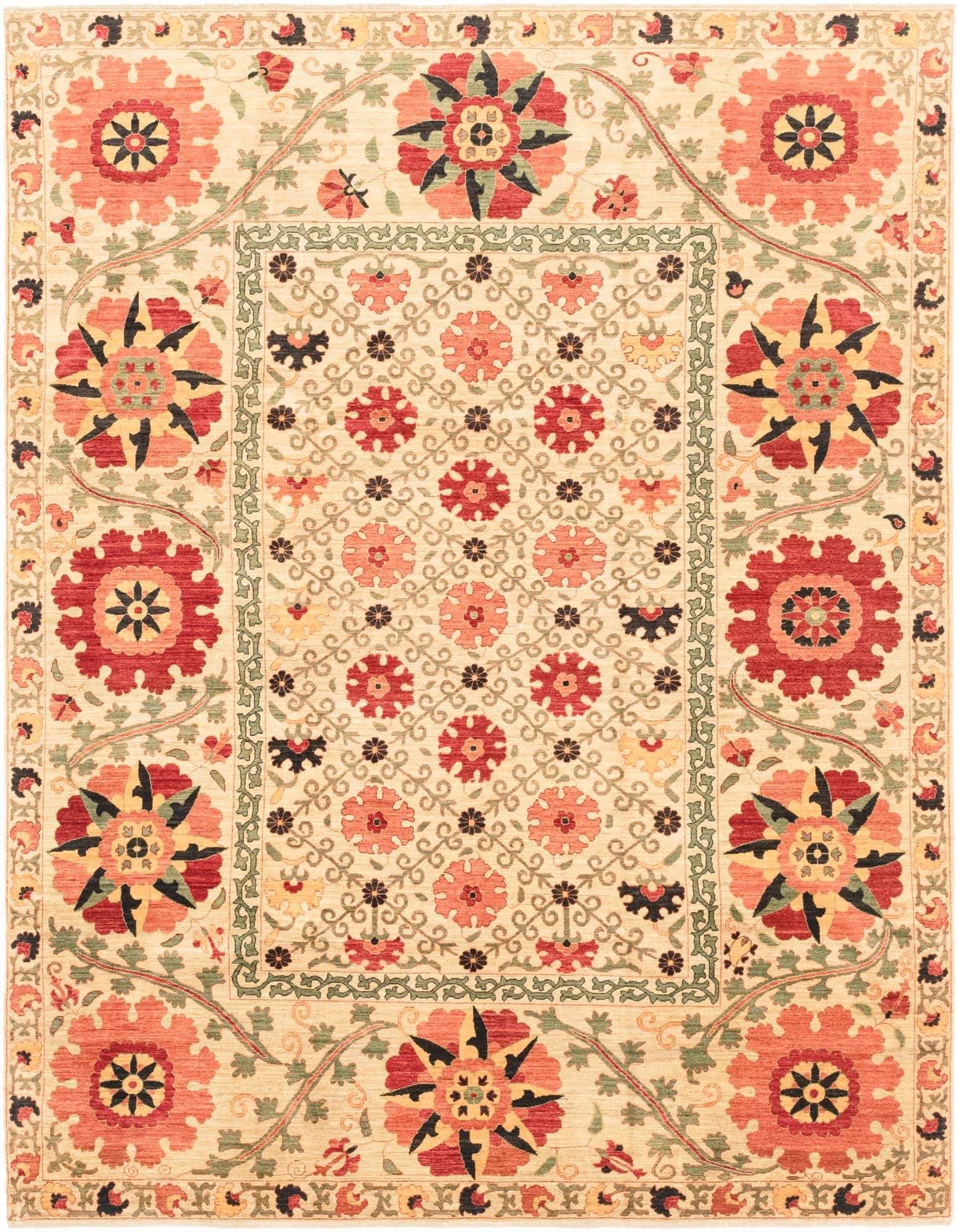 An 8x10 rectangular Ariana Ziegler rug featuring a traditional Oriental pattern with large red and coral floral motifs on an ivory background, perfect for a living room.