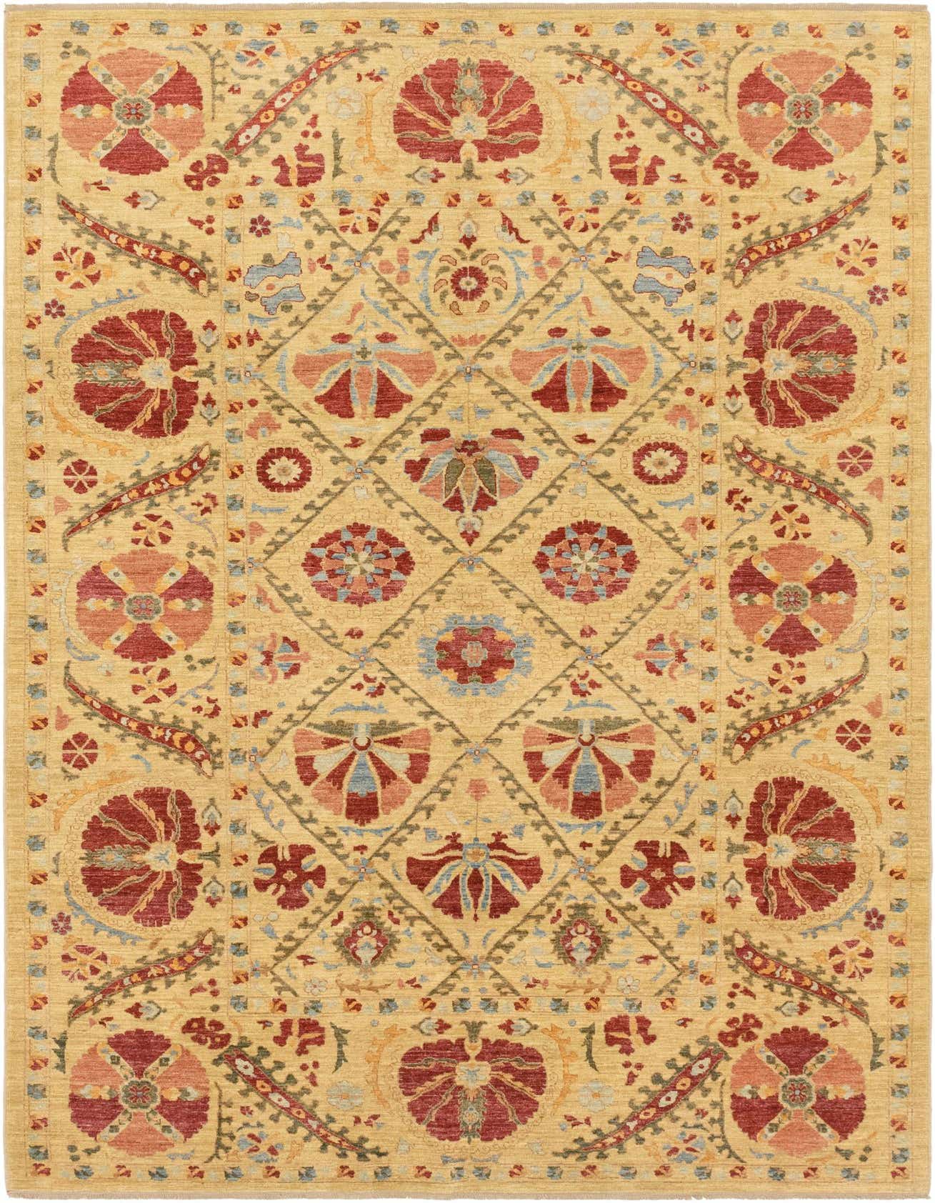 A 7x10 rectangular Ariana Ziegler rug featuring a traditional tribal pattern with red, blue, and green motifs on an ivory background.