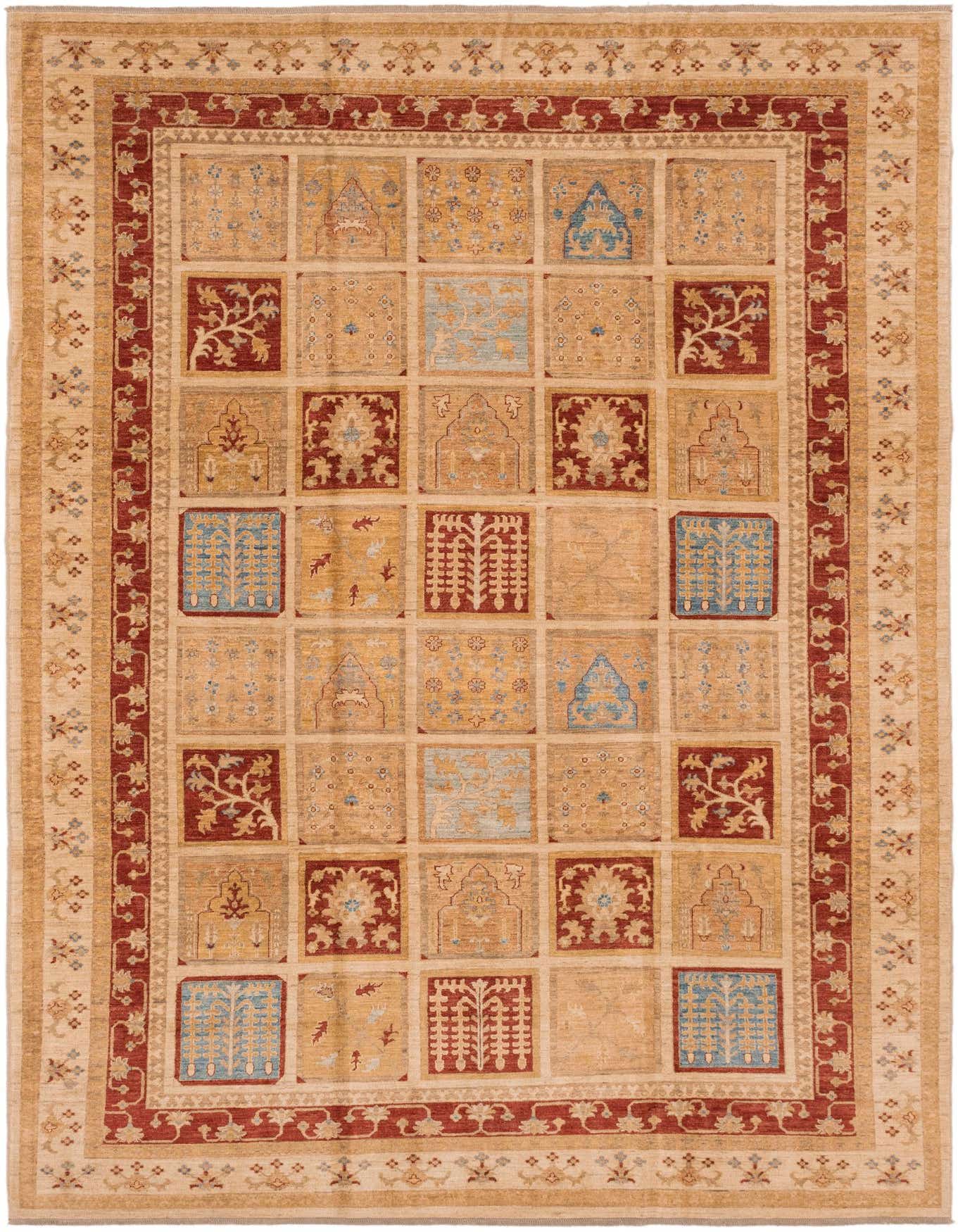 An 8x12 rectangular Ariana Ziegler rug featuring a traditional tribal pattern in ivory, cream, red, and light blue.
