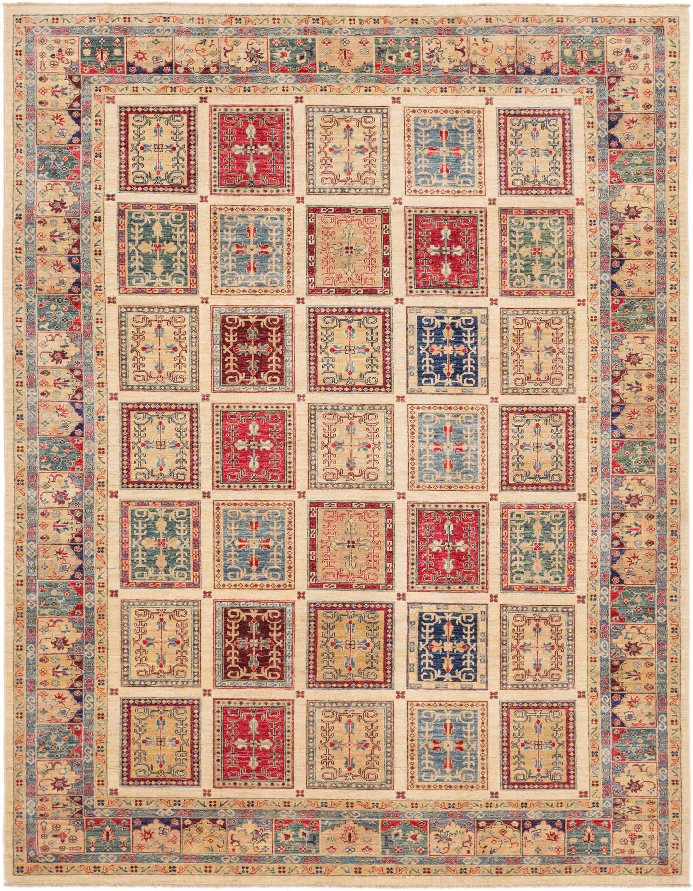 An 8x12 rectangular Ariana Ziegler rug featuring a grid of traditional tribal motifs in red, blue, green, and gold on an ivory background, with a detailed border.