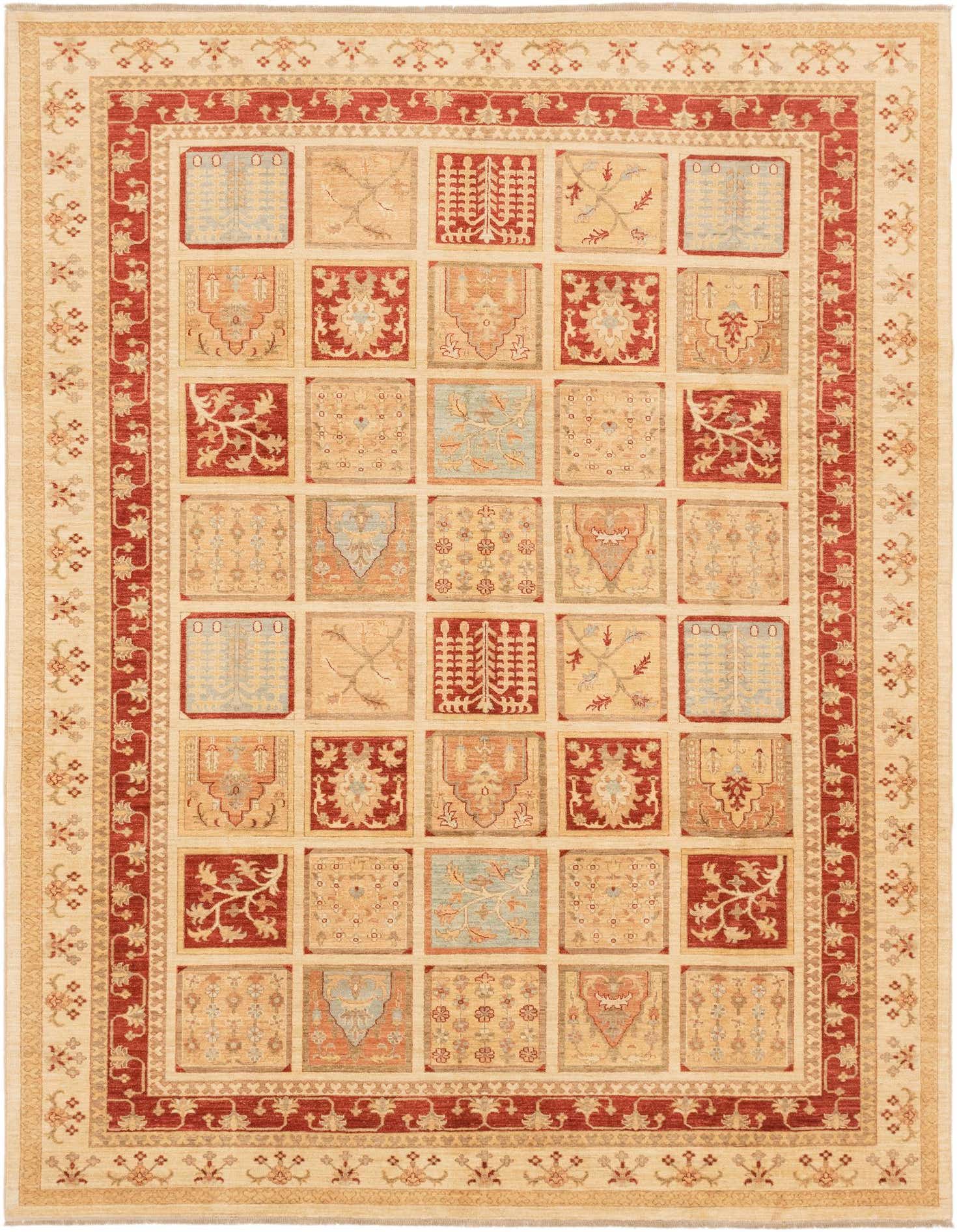 An 8x11 rectangular Ariana Ziegler rug in ivories and creams with a traditional tribal pattern and red border.