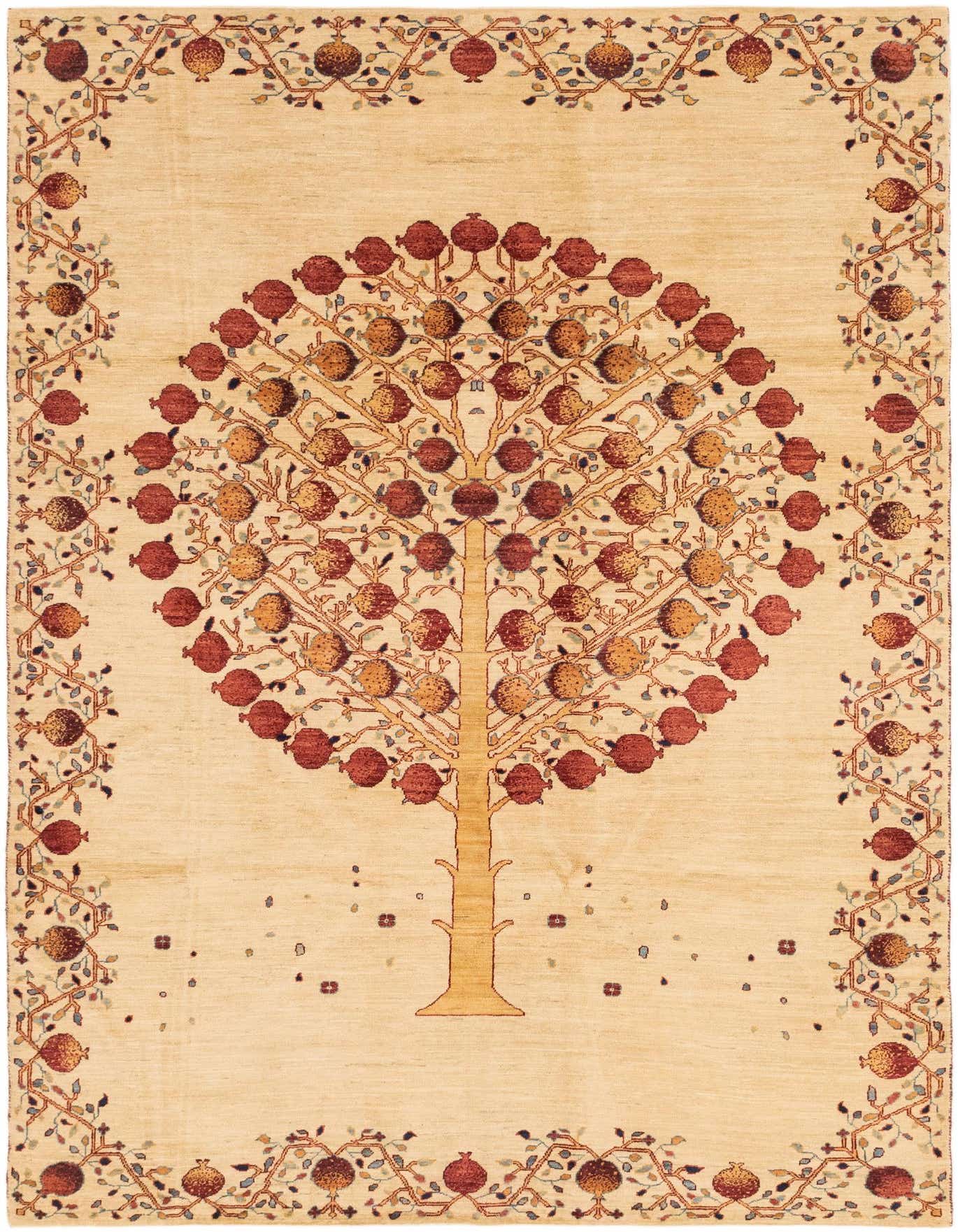 A 6x9 rectangular ivory wool rug featuring a large, stylized tree of life with red and gold pomegranates, bordered by a vine pattern.