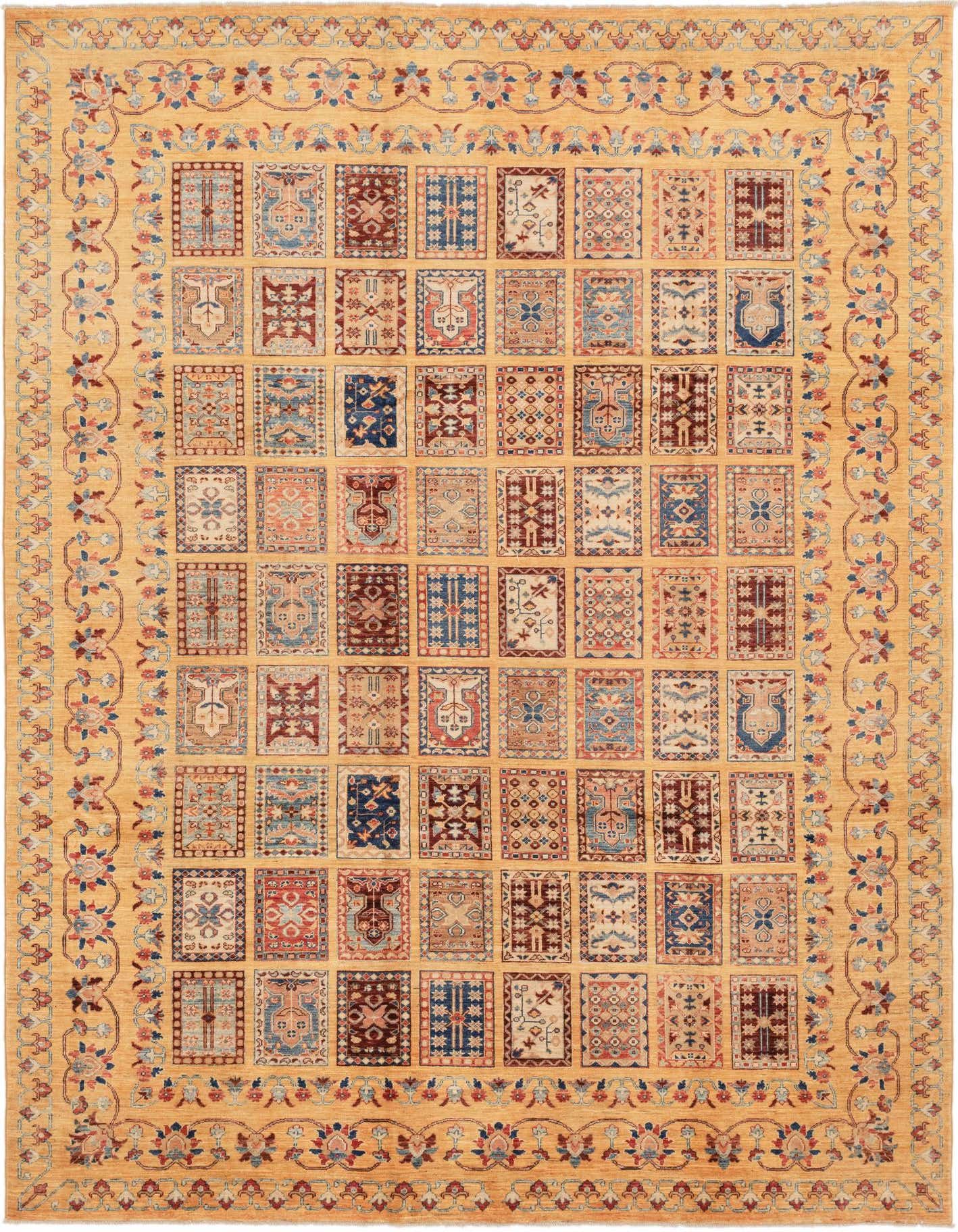 An 8x12 rectangular Ariana Ziegler rug featuring a grid of tribal motifs in various colors, framed by a botanical border on an ivory background.