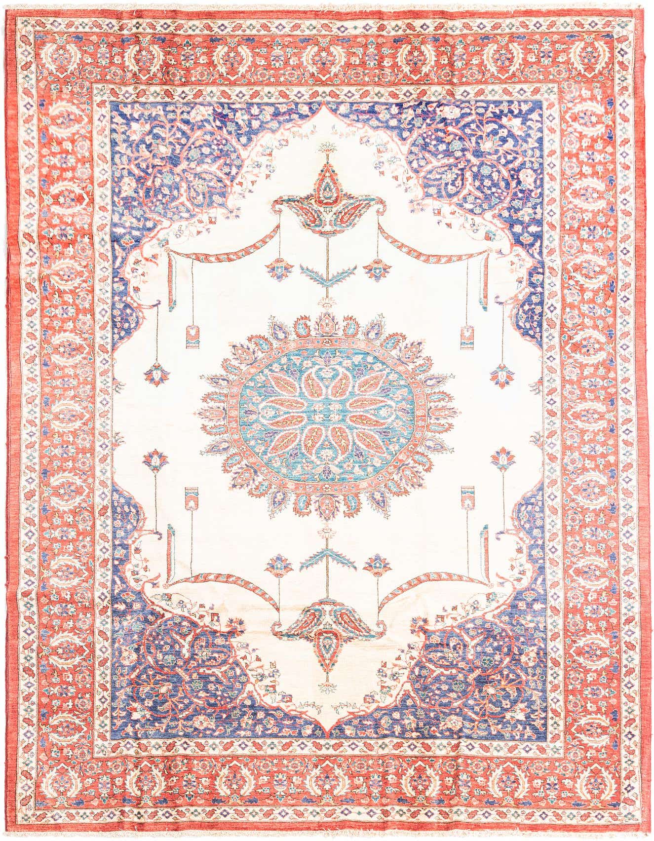 A 6x9 rectangular ivory rug with a central medallion, featuring intricate botanical patterns in blue and coral red.