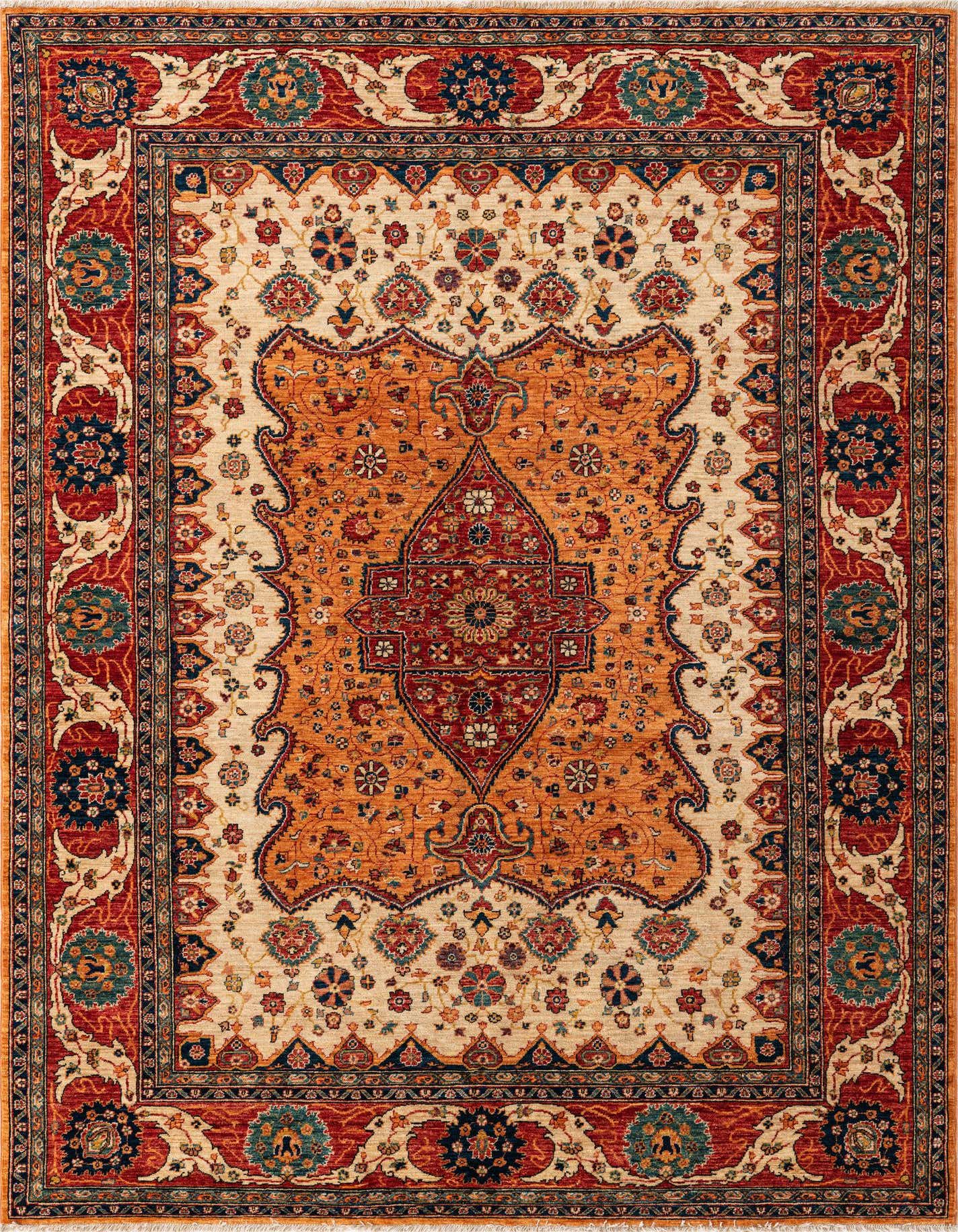 A 6x9 rectangular Ariana Ziegler rug featuring an ivory field with an orange medallion and a red border, showcasing intricate floral and vine patterns.