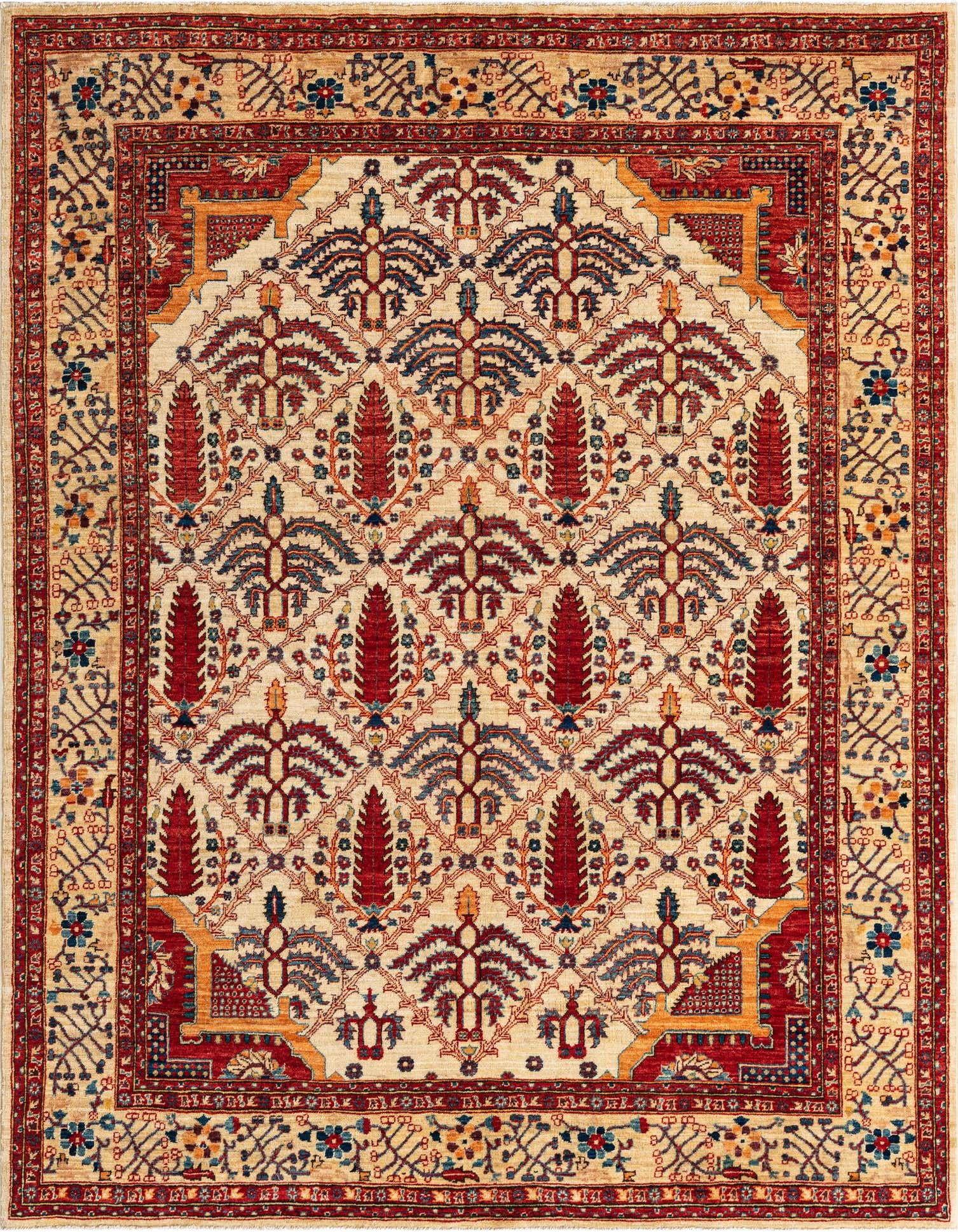 A 4x6 rectangular Ariana Ziegler rug featuring a cream field with red, blue, and gold oriental patterns, framed by a detailed border.
