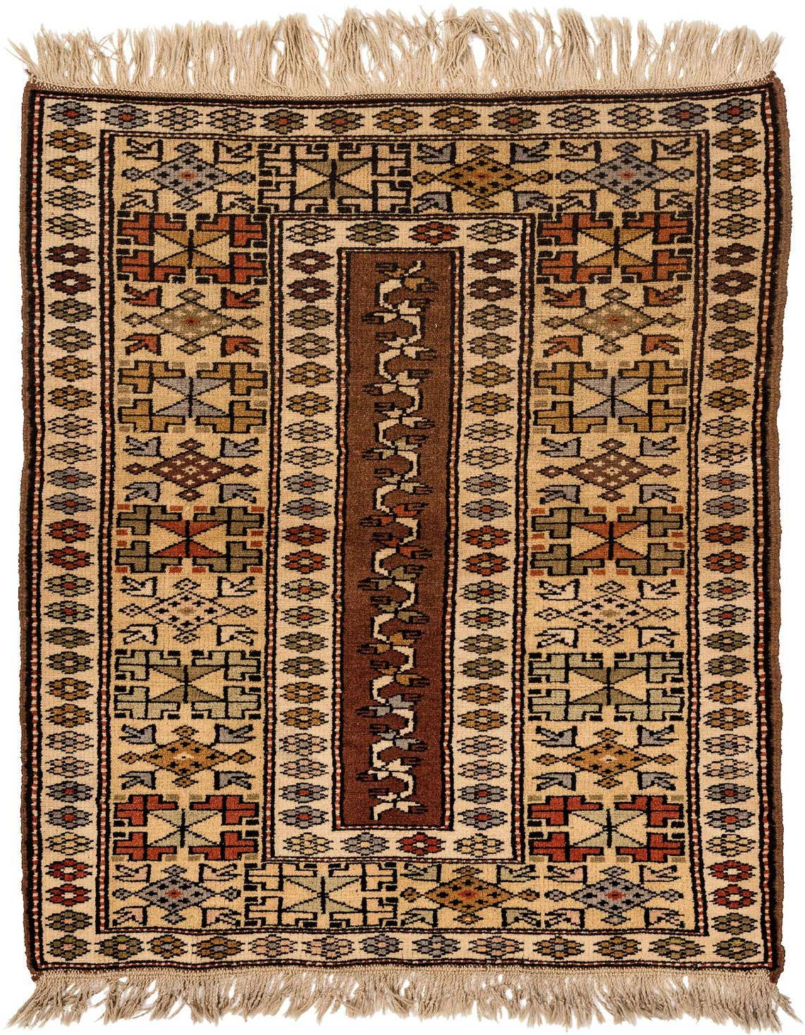A 3x5 rectangular Balouch rug with a tribal pattern in ivory, cream, brown, and muted earth tones, featuring fringe.