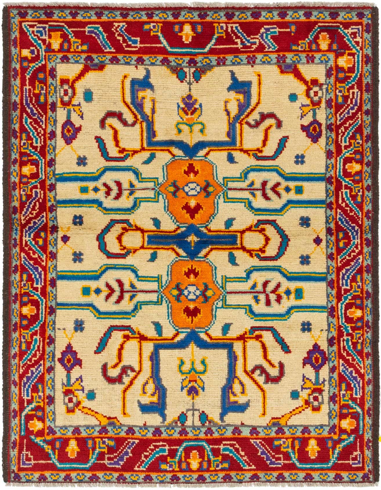 A 4x6 rectangular Balouch rug with a cream field, vibrant red border, and tribal medallion patterns in blue, orange, and gold.