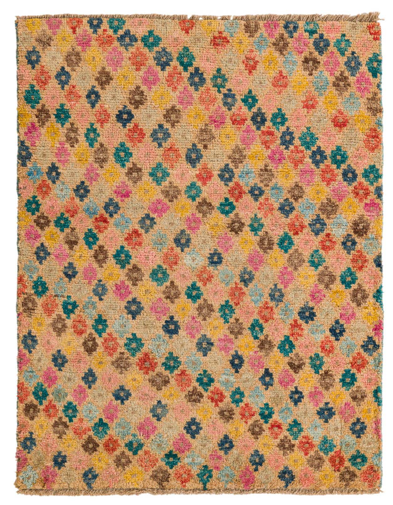 A 3x5 rectangular Balouch rug from Rugs.com, featuring a tribal pattern of colorful diamonds in pink, blue, yellow, and brown on an ivory wool background.