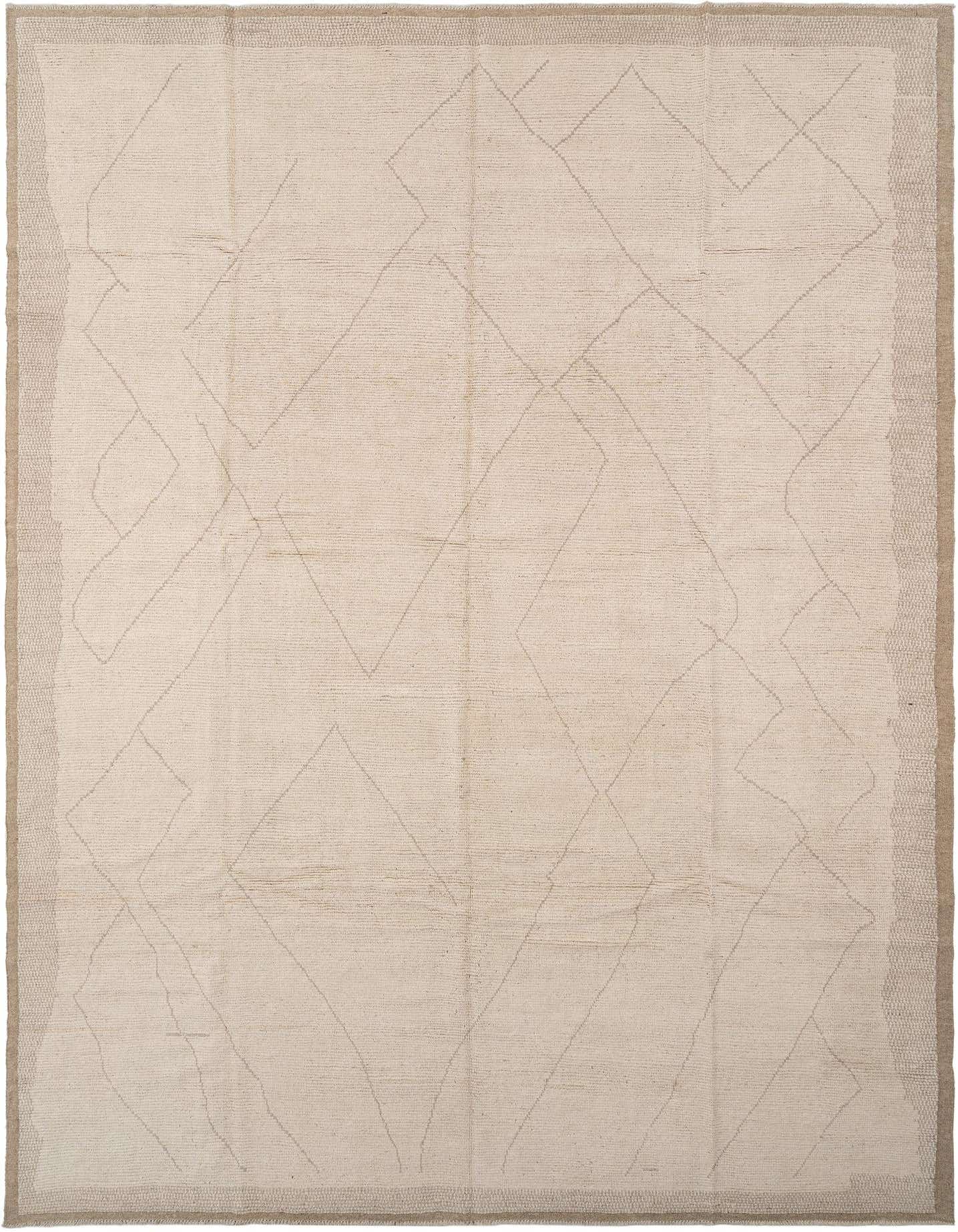 Handmade rectangular ivory wool rug with a subtle cream geometric pattern and a light brown border.