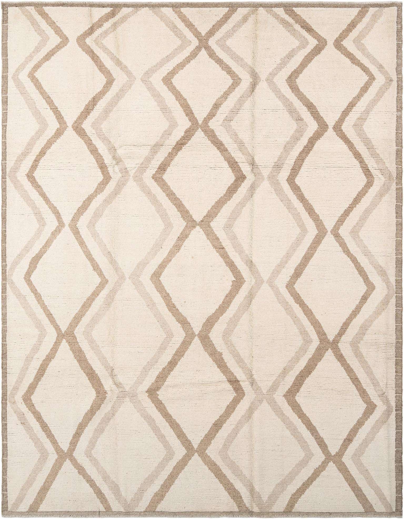 Handmade rectangular ivory wool rug with a repeating geometric diamond pattern in varying shades of beige and cream.