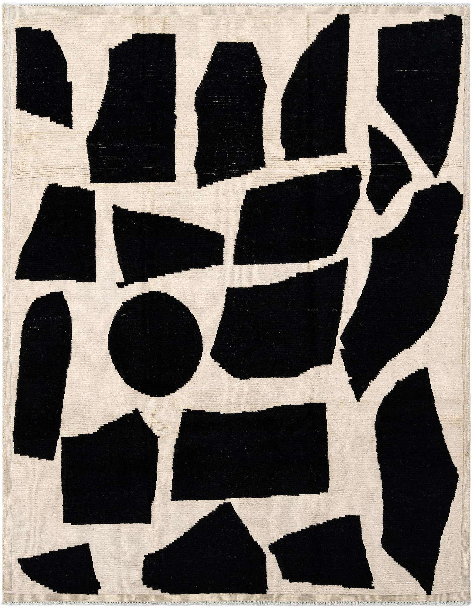 A rectangular Beni Marok rug with a black abstract geometric pattern on an ivory background, showcasing its handmade wool texture.