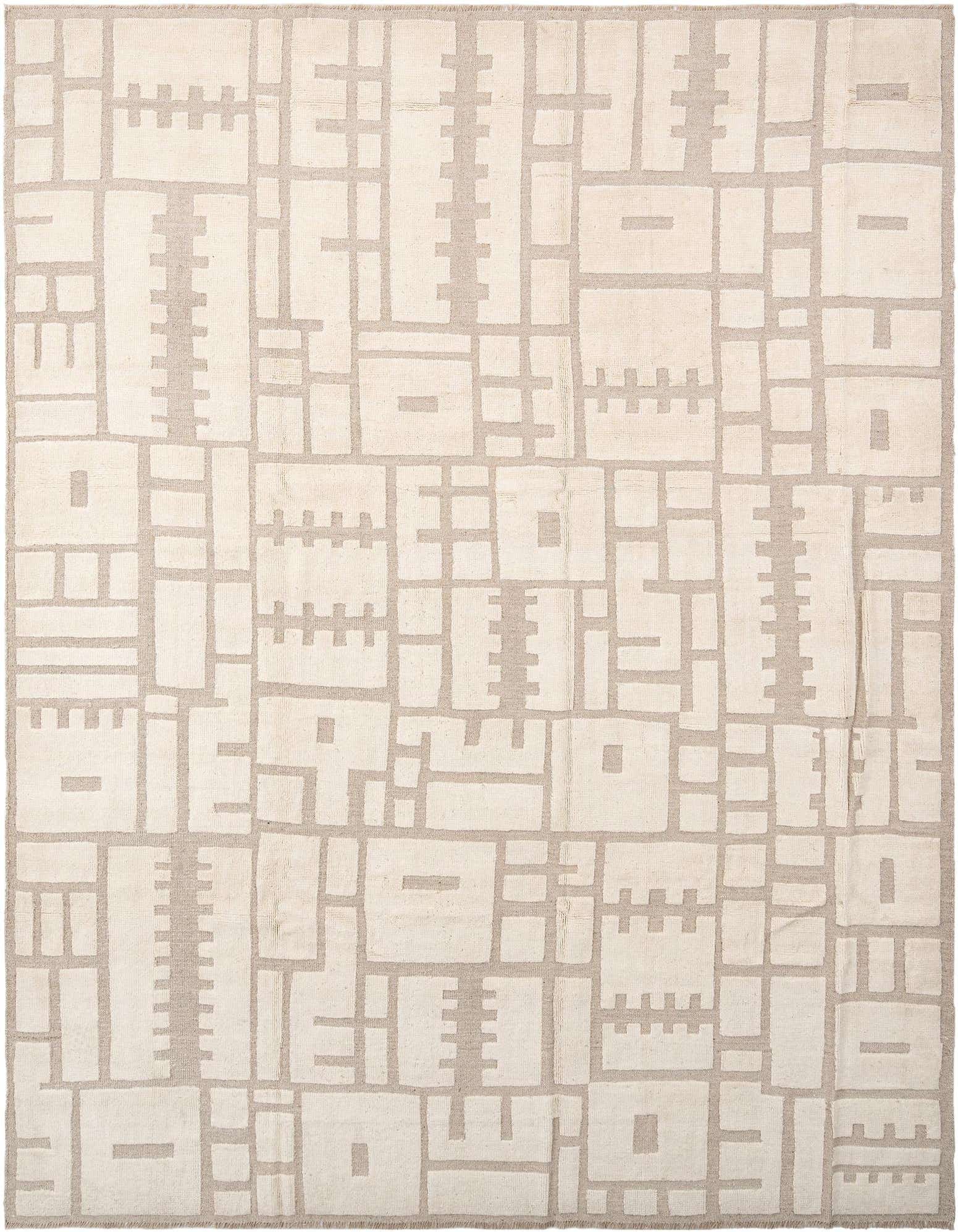 Handmade rectangular ivory wool rug with a geometric Persian pattern, featuring cream-colored shapes on a light beige background.