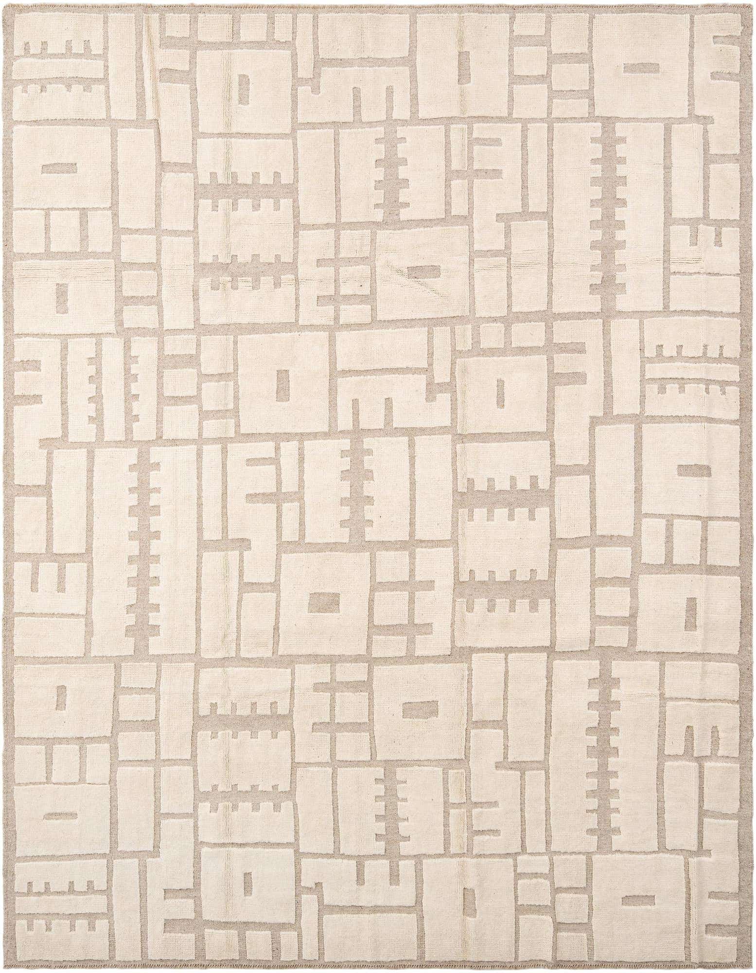 A rectangular ivory and cream wool rug featuring a geometric Persian pattern with a medium pile, suitable for indoor use.