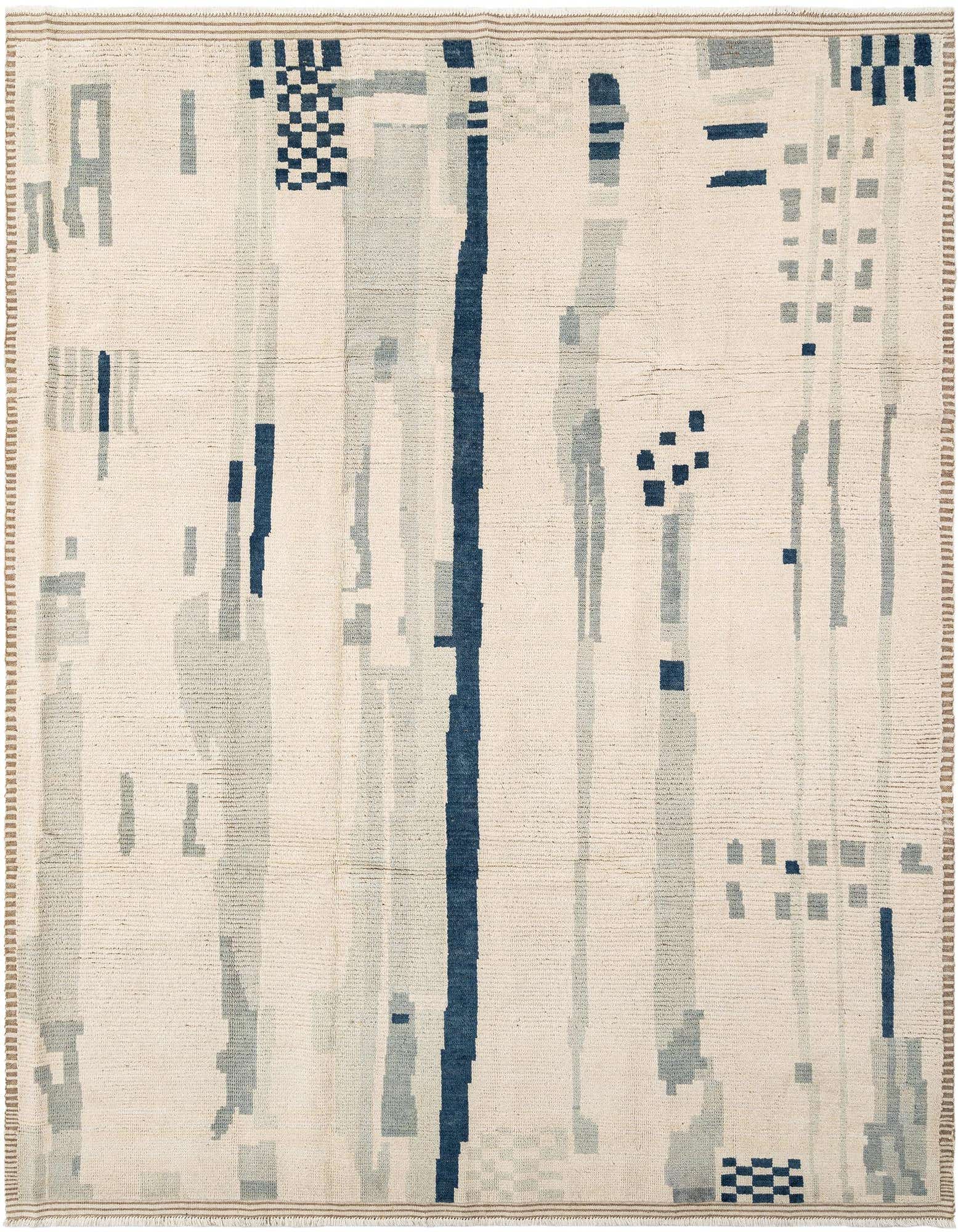 Handmade rectangular ivory wool rug with an abstract Persian pattern in shades of blue and gray.
