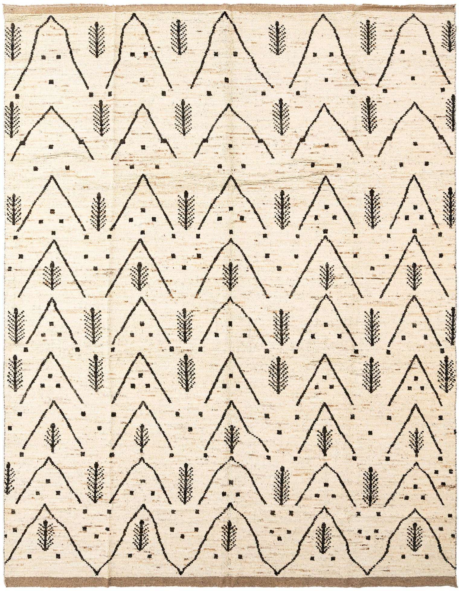 A 10x13 rectangular ivory wool rug with a black geometric pattern of alternating triangles and feather-like motifs.