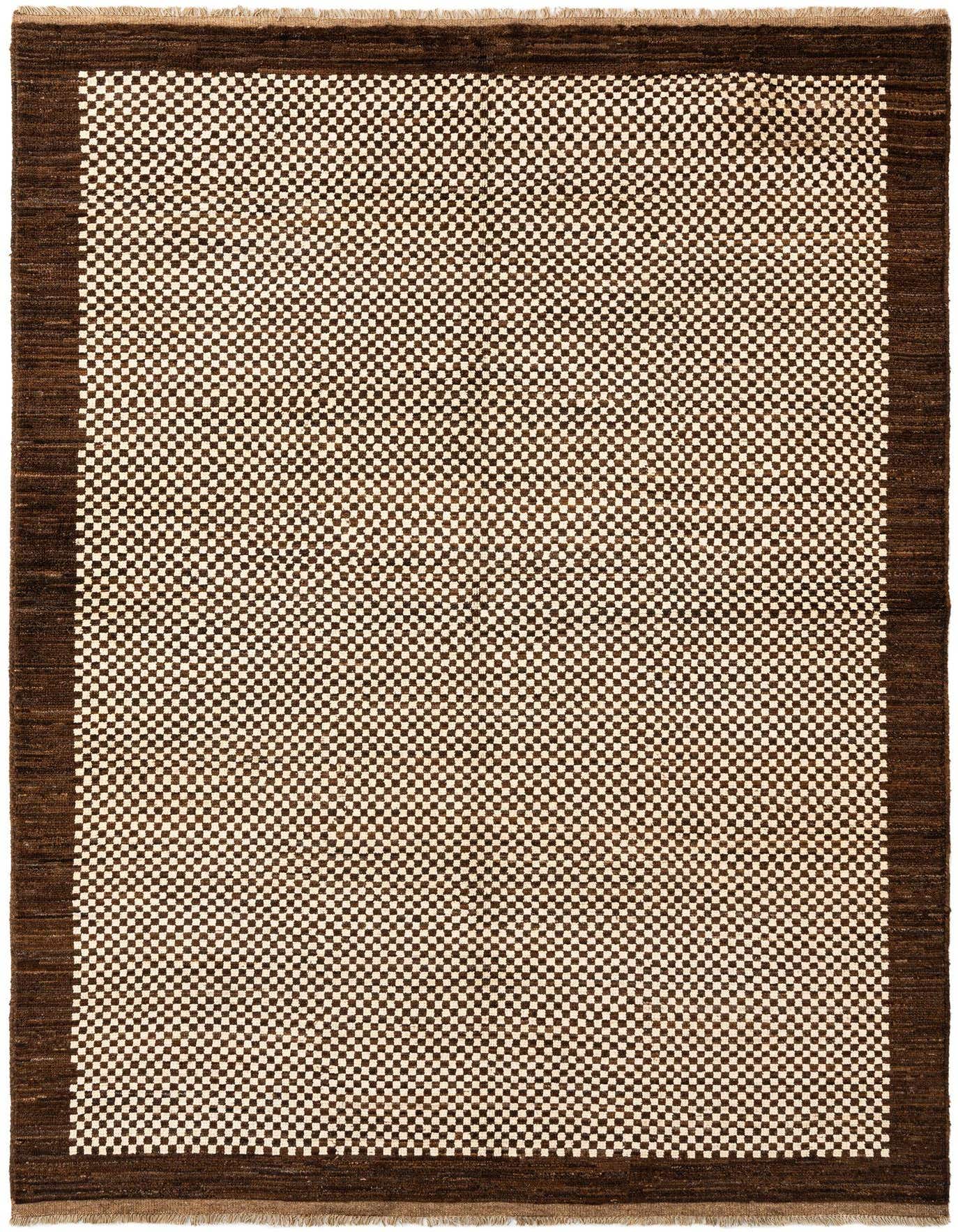 A 5x8 rectangular wool rug with a checkerboard pattern in ivory and dark brown, framed by a solid dark brown border.
