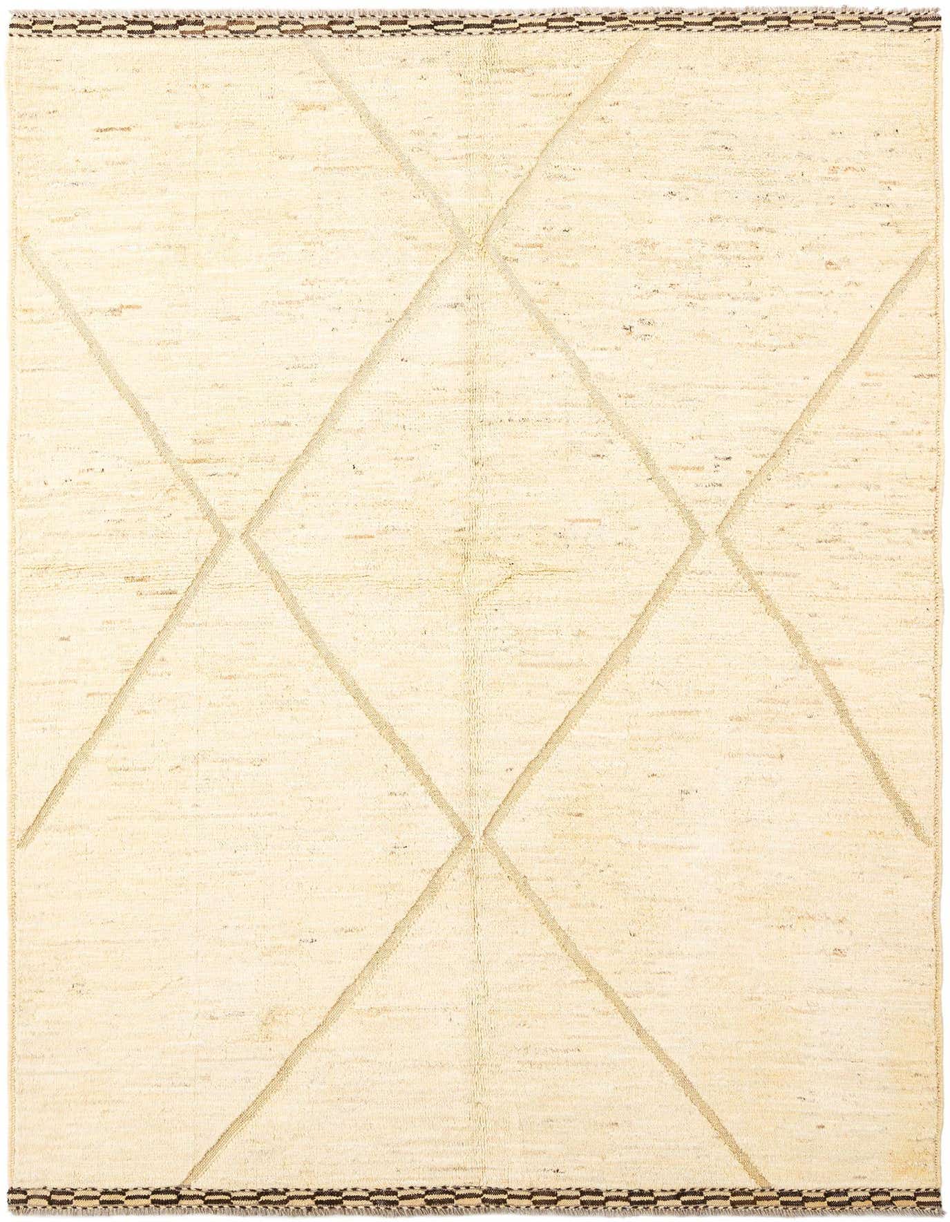 A 5x8 rectangular Beni Marok wool rug in cream with a subtle geometric diamond pattern and dark brown border.