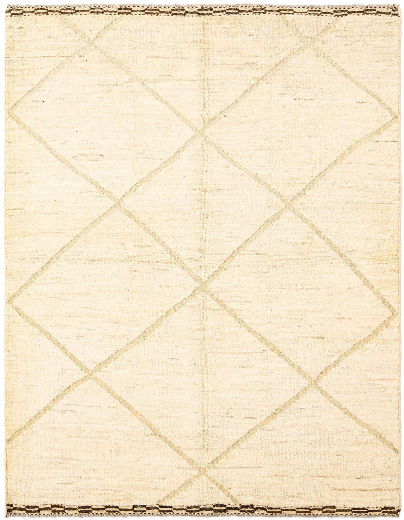 A 5x8 rectangular ivory wool area rug with a subtle cream diamond pattern and dark brown border.
