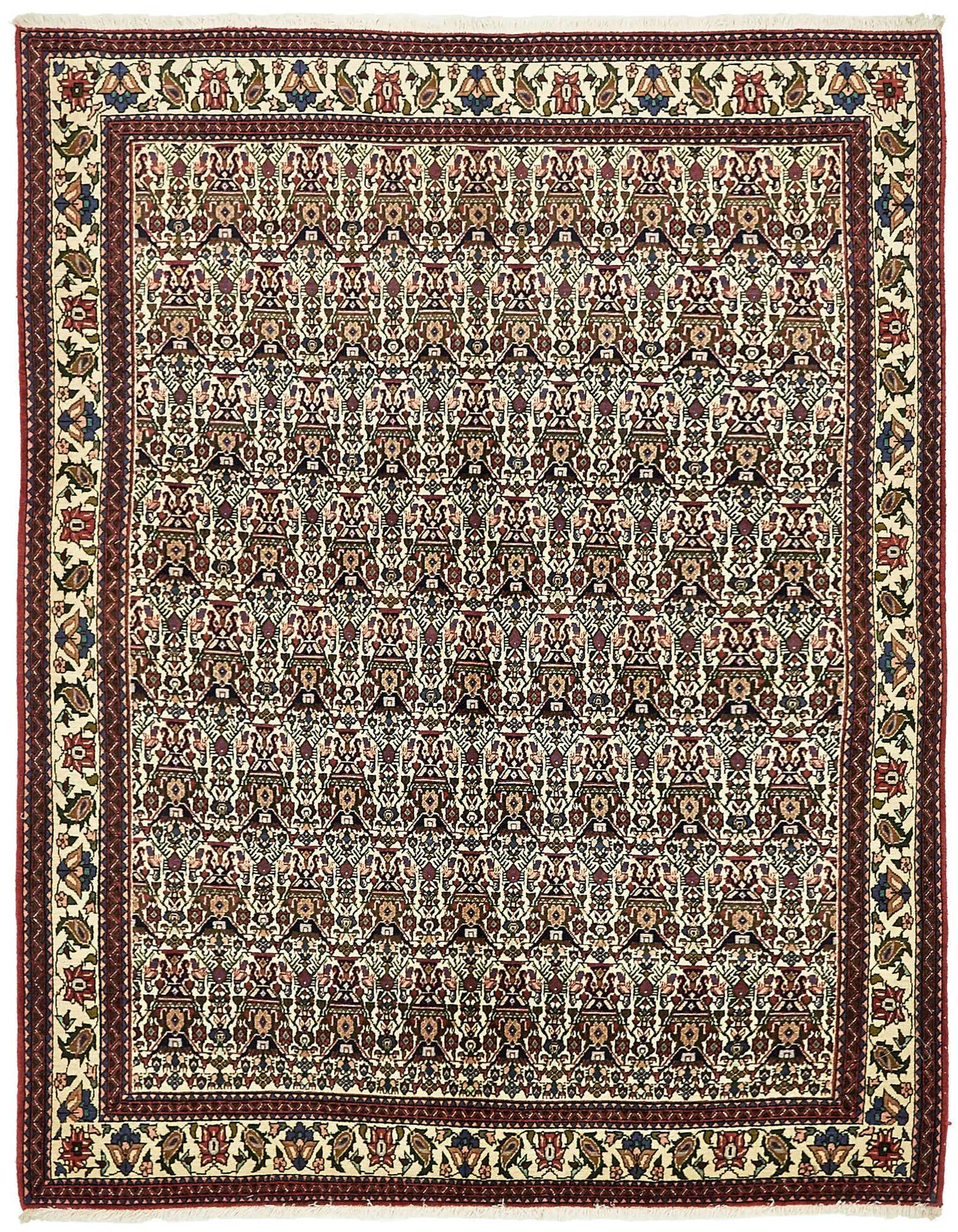 A 5x7 rectangular Bidjar Persian rug with a cream background and intricate traditional patterns in reds, blues, and browns, featuring a detailed border.