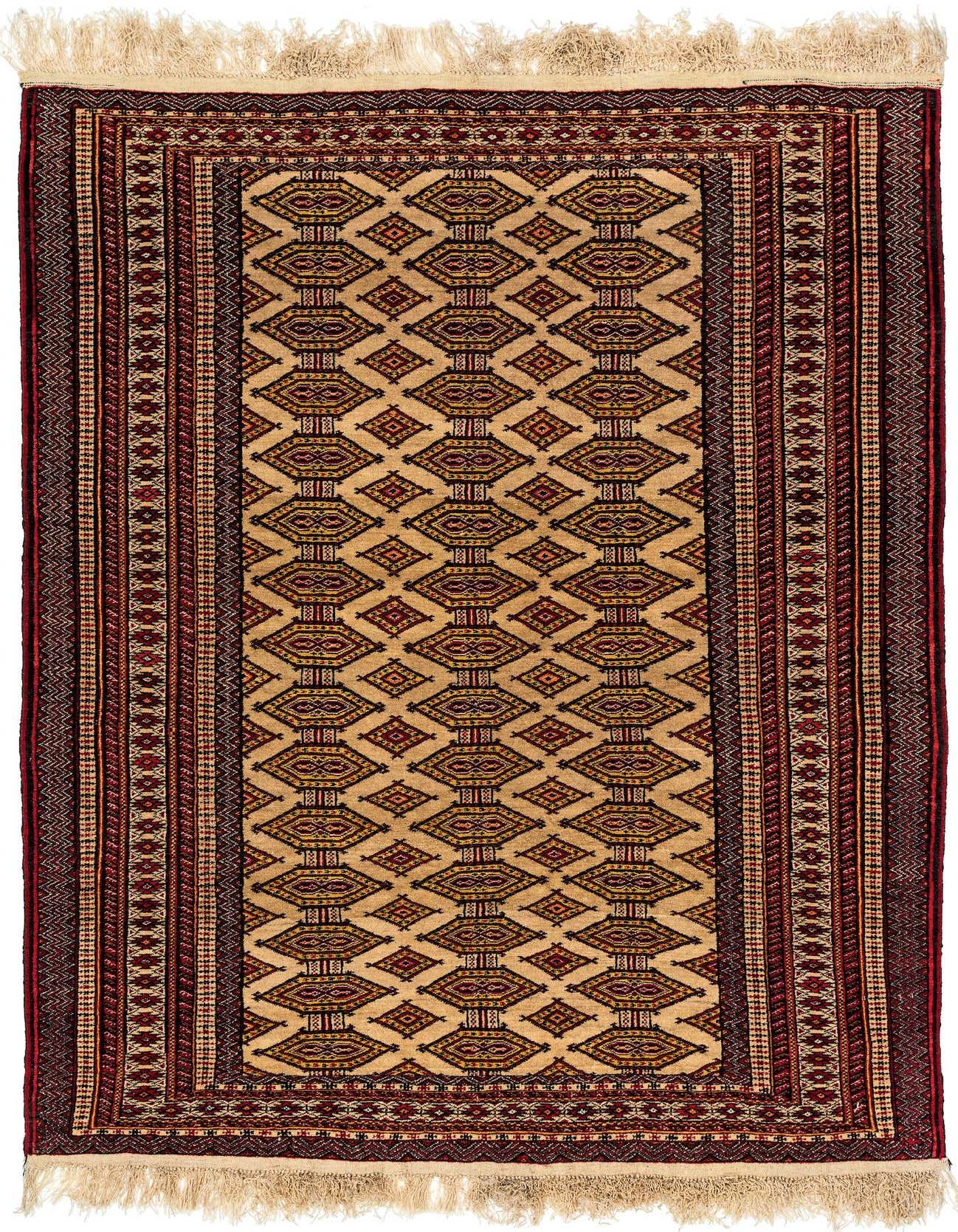 A 4x6 rectangular ivory tribal wool rug with a repeating diamond pattern and red-toned borders, featuring fringe.