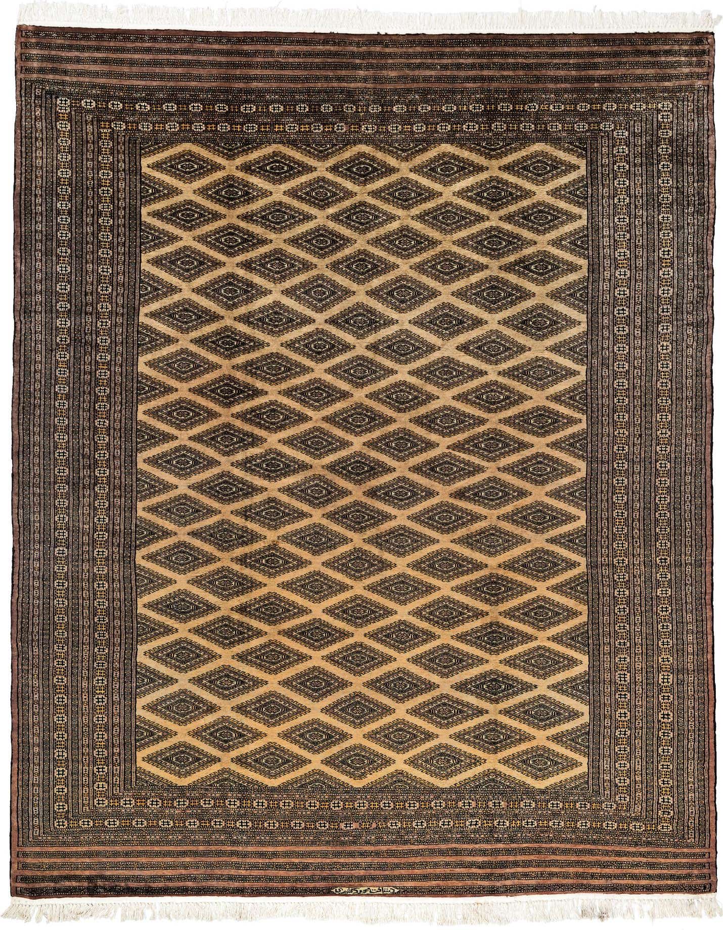 A 6x9 rectangular ivory and brown wool rug with a tribal diamond pattern and decorative border.
