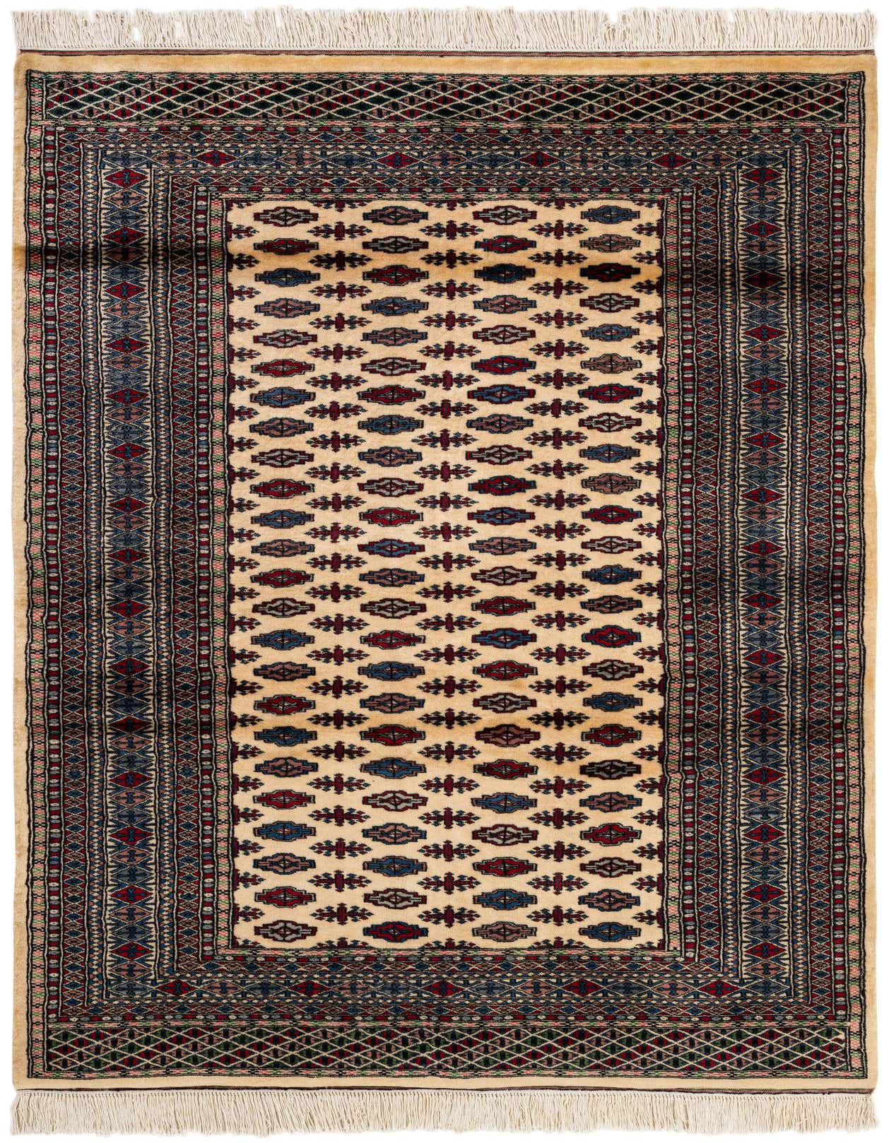 A rectangular 4x6 ivory wool Bokhara rug with a traditional tribal pattern and fringe.