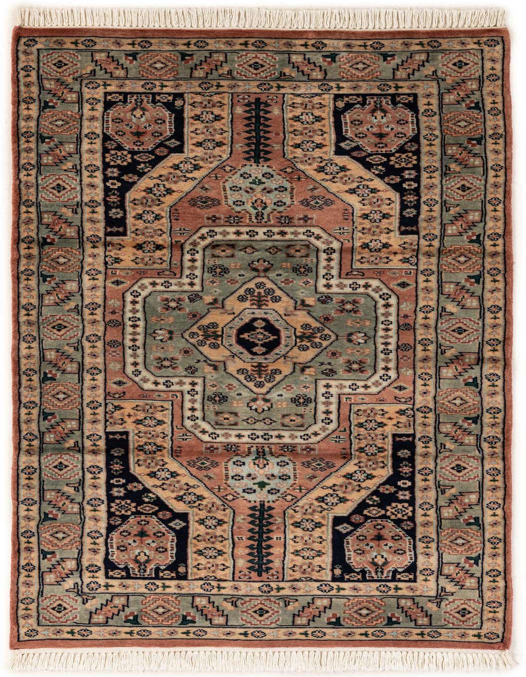 A rectangular 4x6 Bokhara rug featuring a tribal medallion pattern in ivory, cream, and muted earth tones with fringe.