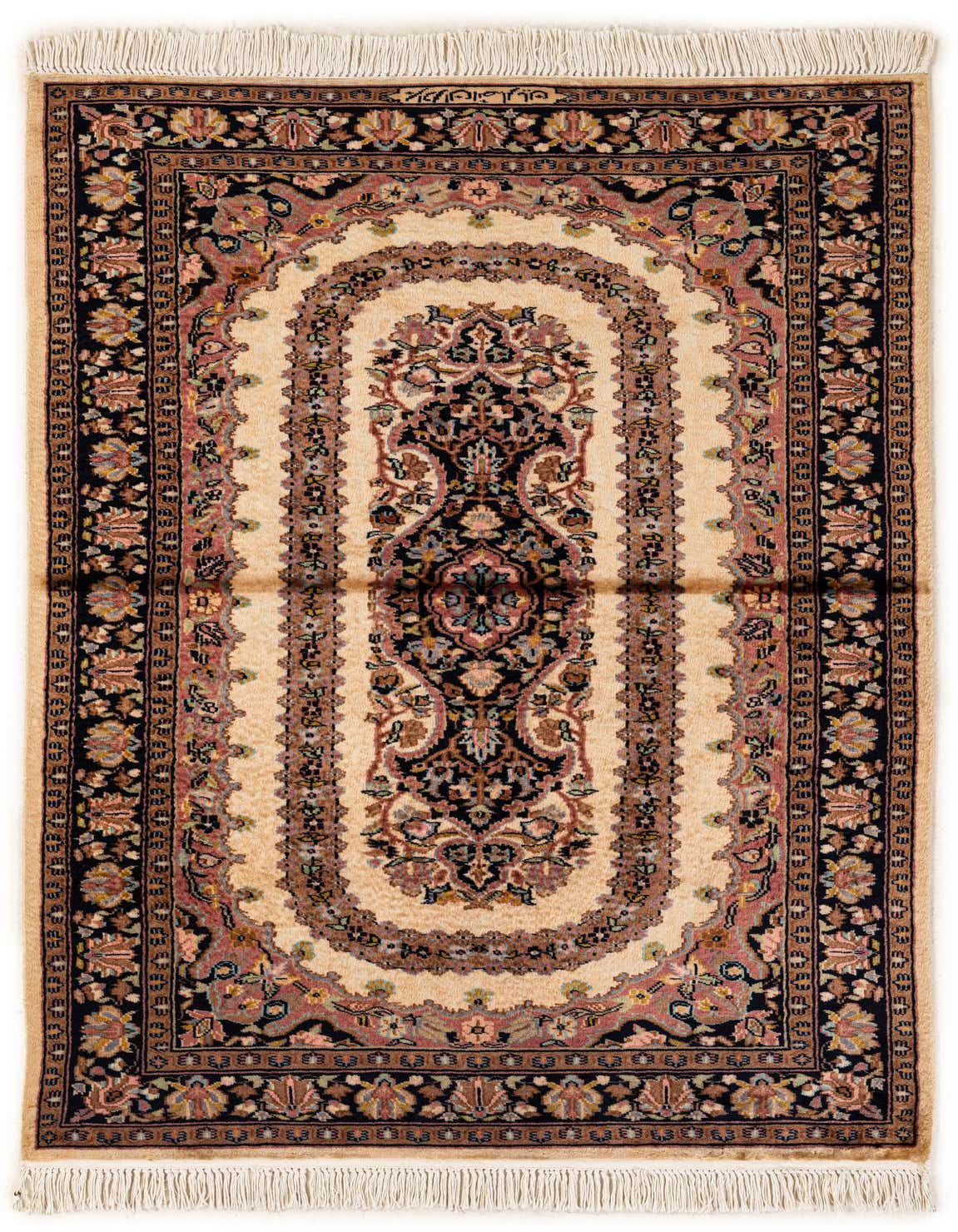 A 3x5 rectangular ivory tribal Bokhara rug with a central medallion and intricate floral patterns in black, pink, and blue.