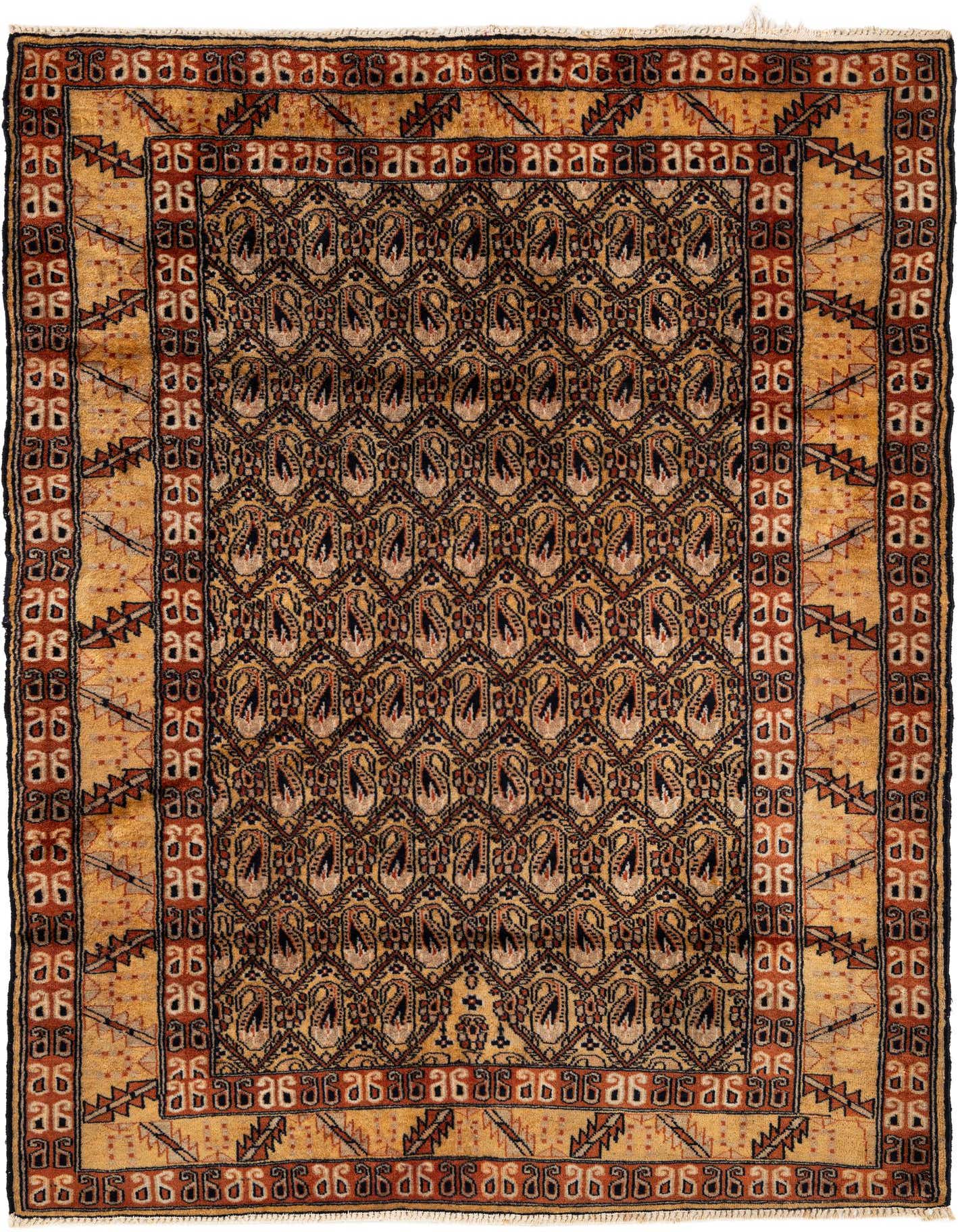 A rectangular 4x6 Bokhara rug featuring a dense pattern of black and red paisley-like motifs on an ivory field, framed by a tribal border.