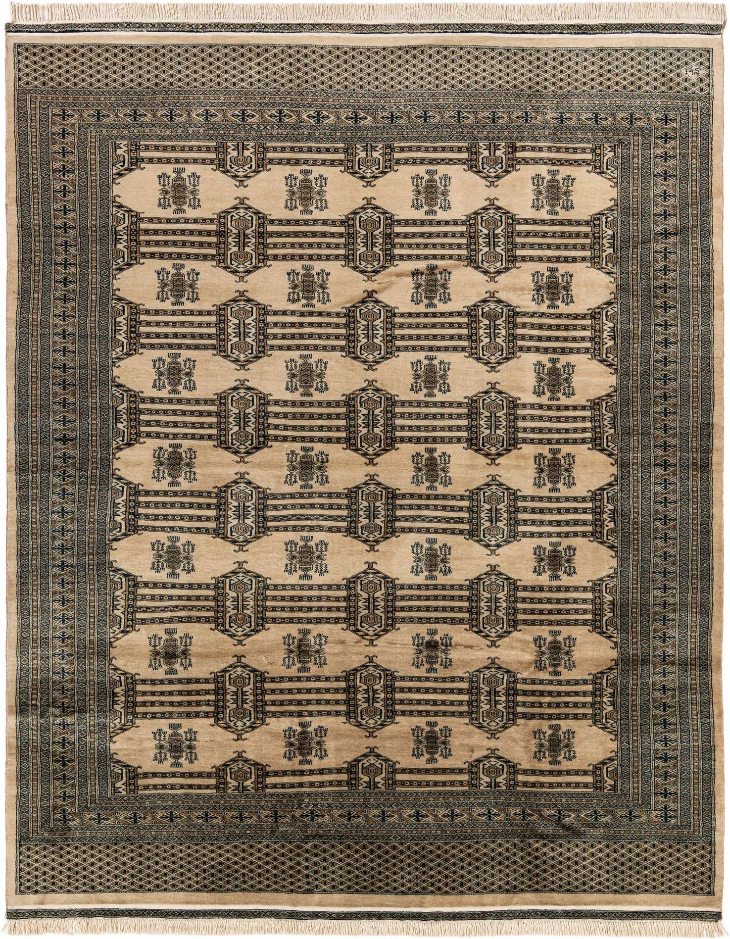 A 7x10 rectangular ivory wool rug with a traditional tribal pattern in dark brown and black, featuring intricate geometric motifs and a distinct border.