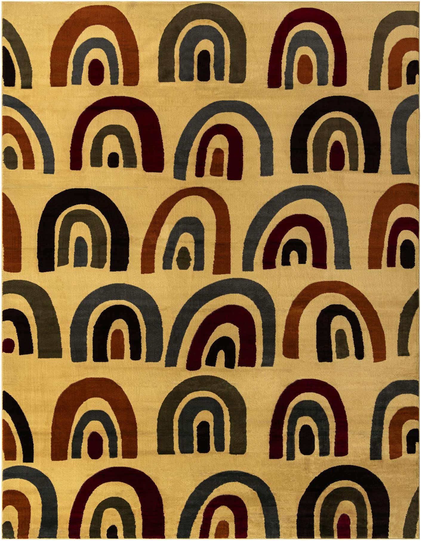 A 10x14 rectangular ivory area rug with a modern abstract pattern of various colored arches, resembling rainbows.