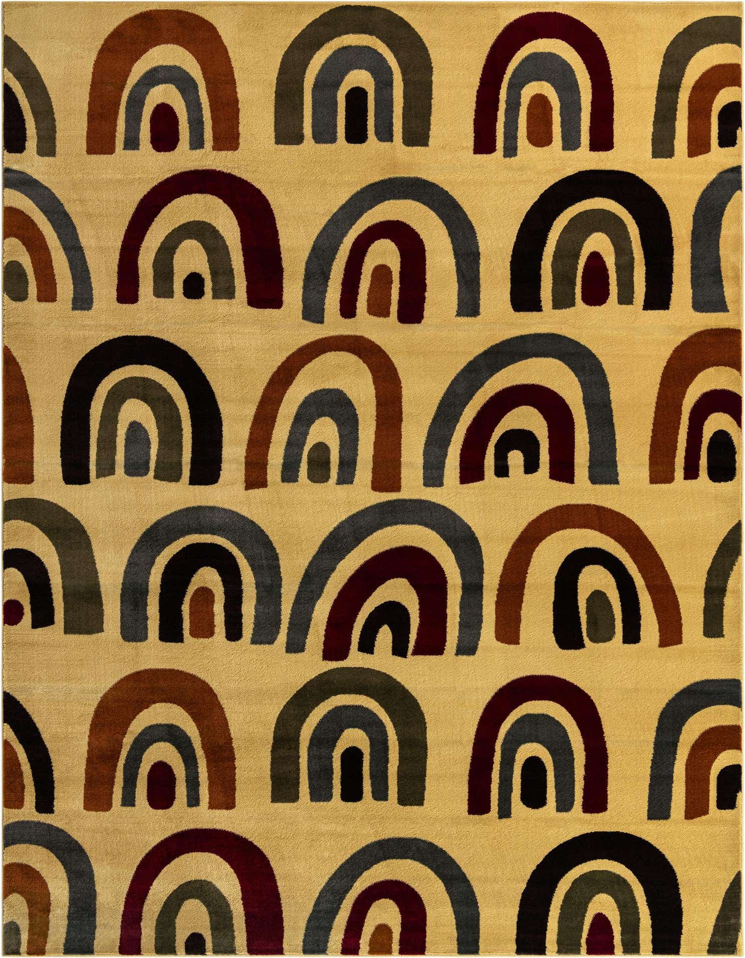 A 9x12 rectangular ivory area rug with a modern abstract pattern of colorful arched shapes in brown, black, grey, and maroon.