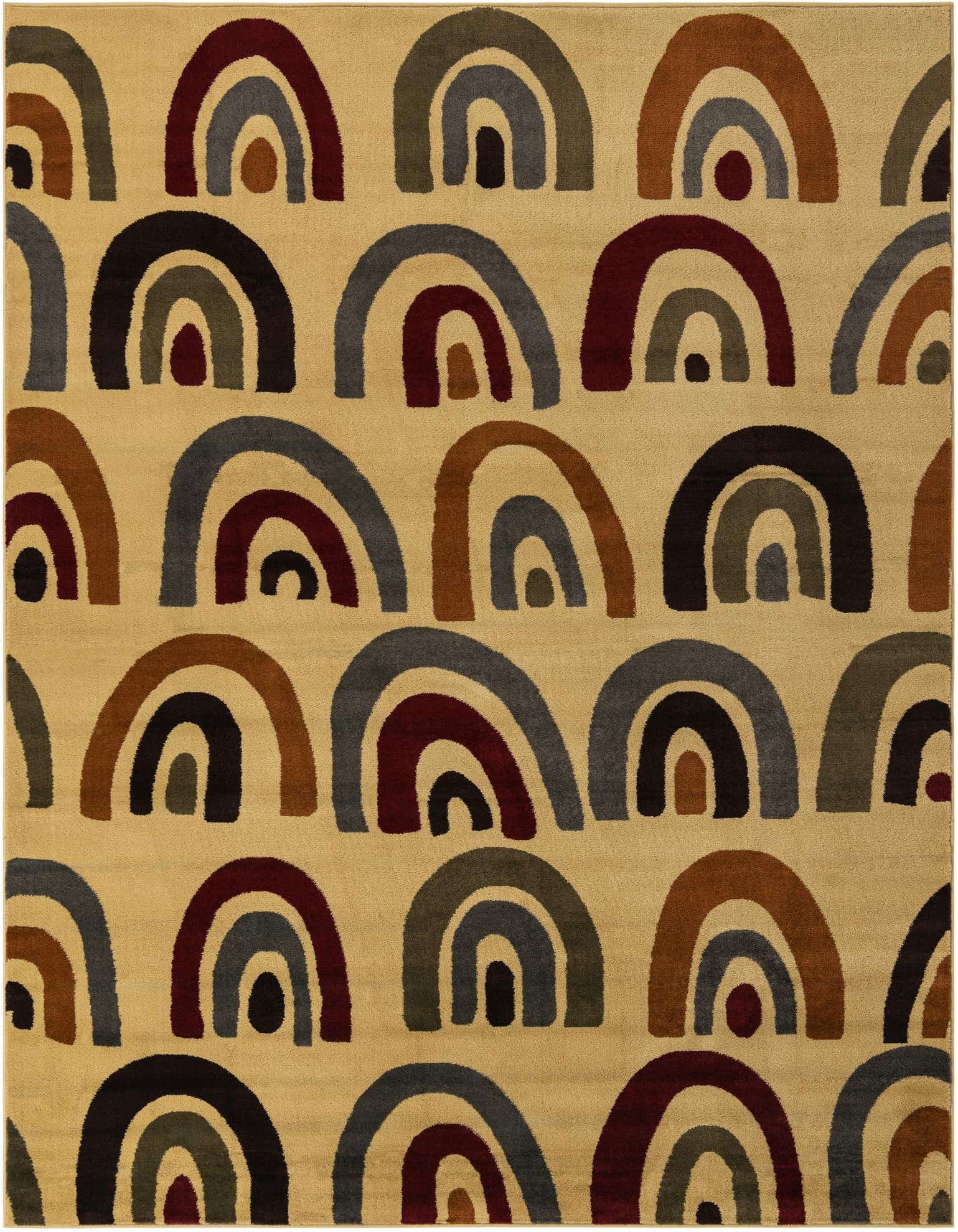 An 8x10 rectangular ivory rug with a modern abstract pattern of multi-colored arches in shades of brown, grey, and maroon.