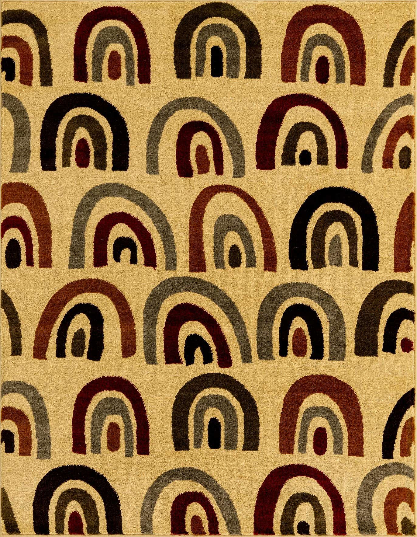 A 4x6 rectangular ivory rug featuring a repeating modern abstract pattern of multi-colored arches in shades of brown, gray, and black.