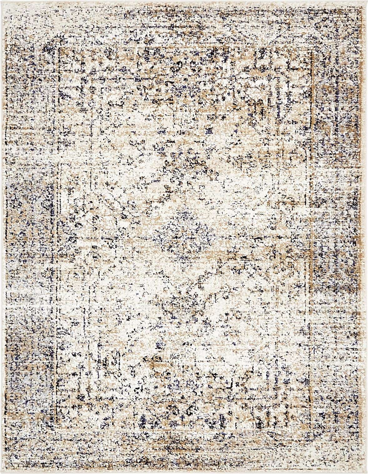 A 3x5 rectangular ivory and cream area rug with a distressed Bohemian medallion pattern and subtle blue and brown accents.