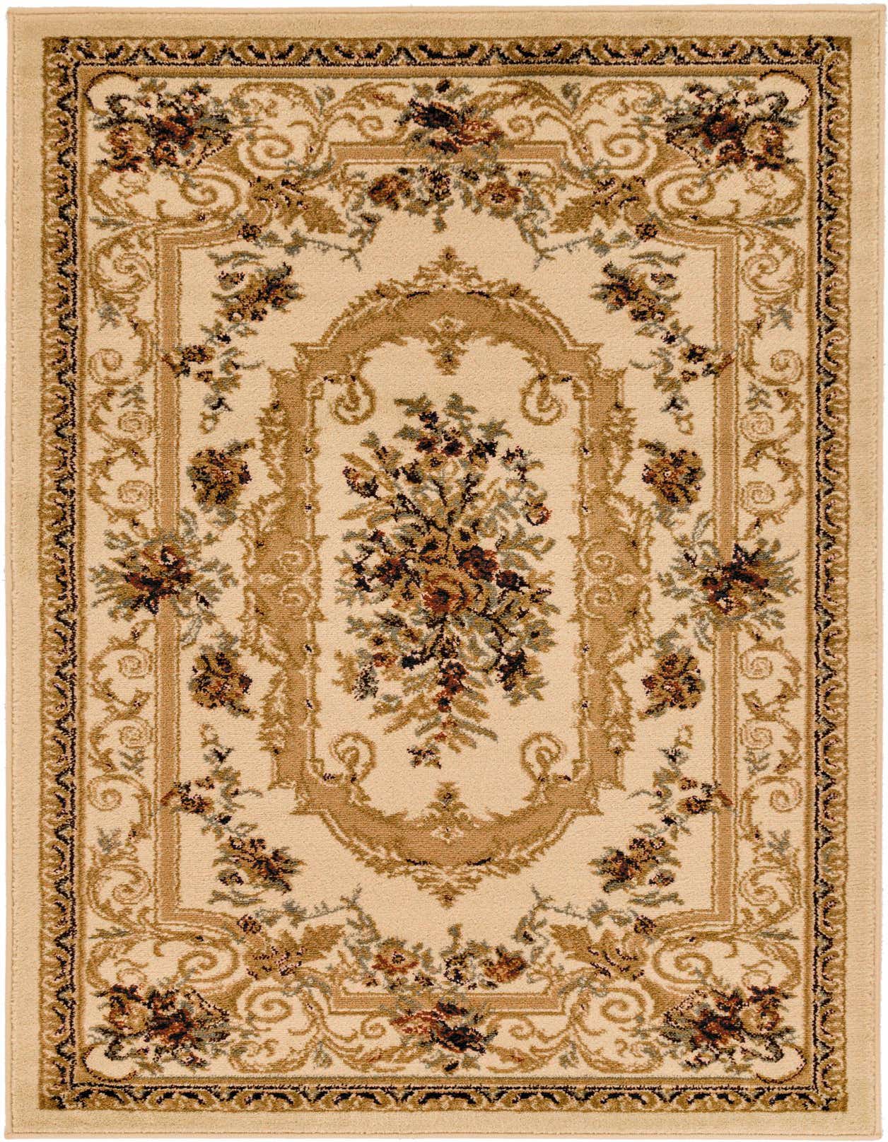 A 3x5 rectangular ivory rug with a traditional floral medallion pattern in shades of cream, brown, and green.