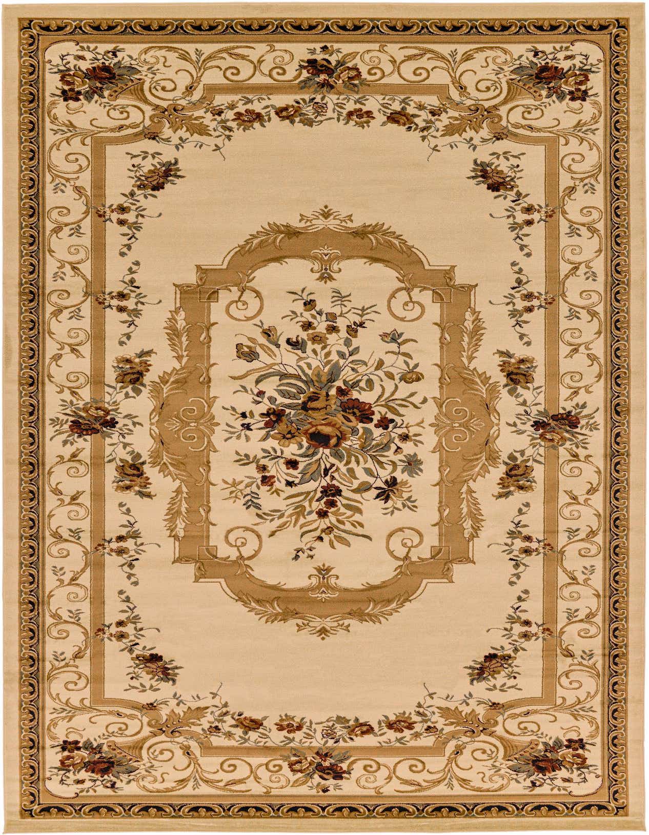 A large 10x16 rectangular ivory traditional rug with a central floral medallion and ornate French Victorian border.