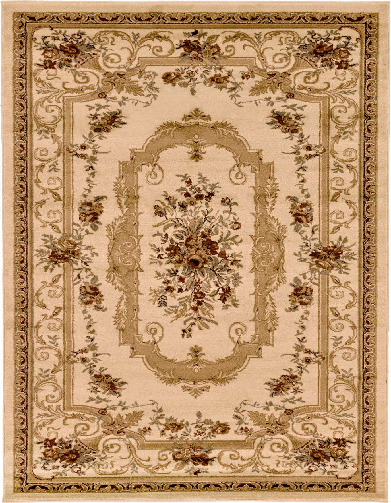 A 6x9 rectangular ivory traditional rug with a central medallion and floral motifs in shades of cream, beige, and brown.