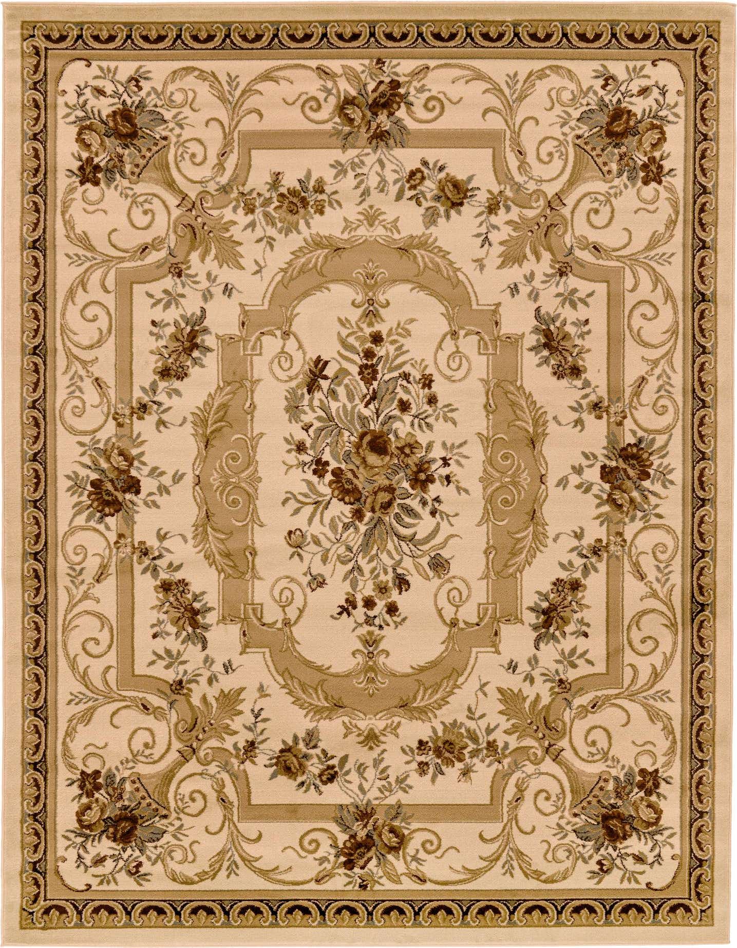 An 8x11 rectangular ivory traditional area rug with a detailed botanical medallion pattern in shades of cream, beige, and brown.