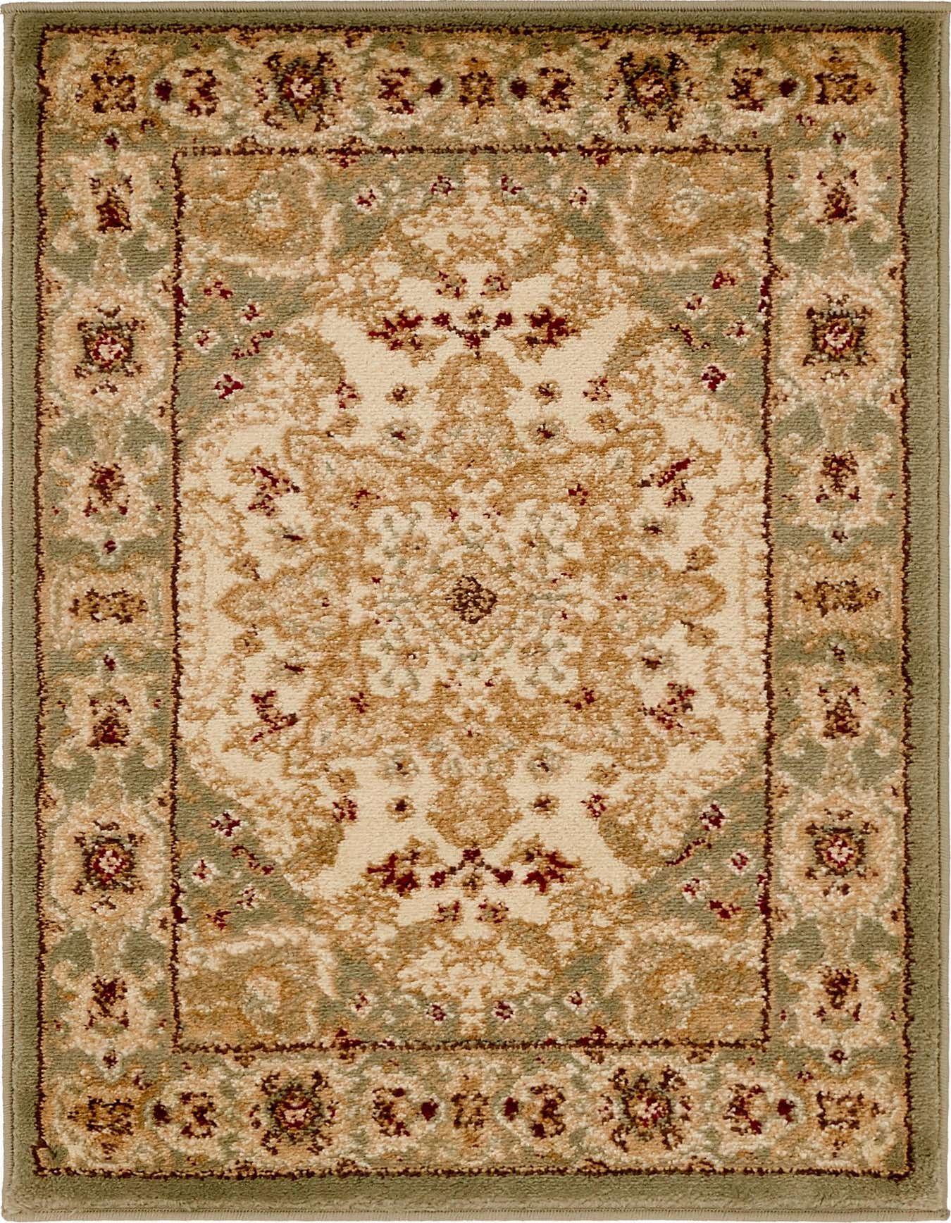 A 2x3 rectangular Chateau rug featuring a traditional botanical medallion pattern in ivory, cream, and sage green with hints of burgundy.