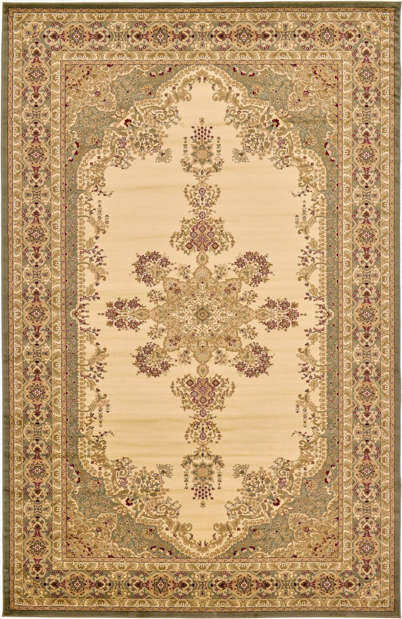 A large 10x16 rectangular ivory rug with a classic medallion and botanical pattern, featuring sage green and burgundy accents.