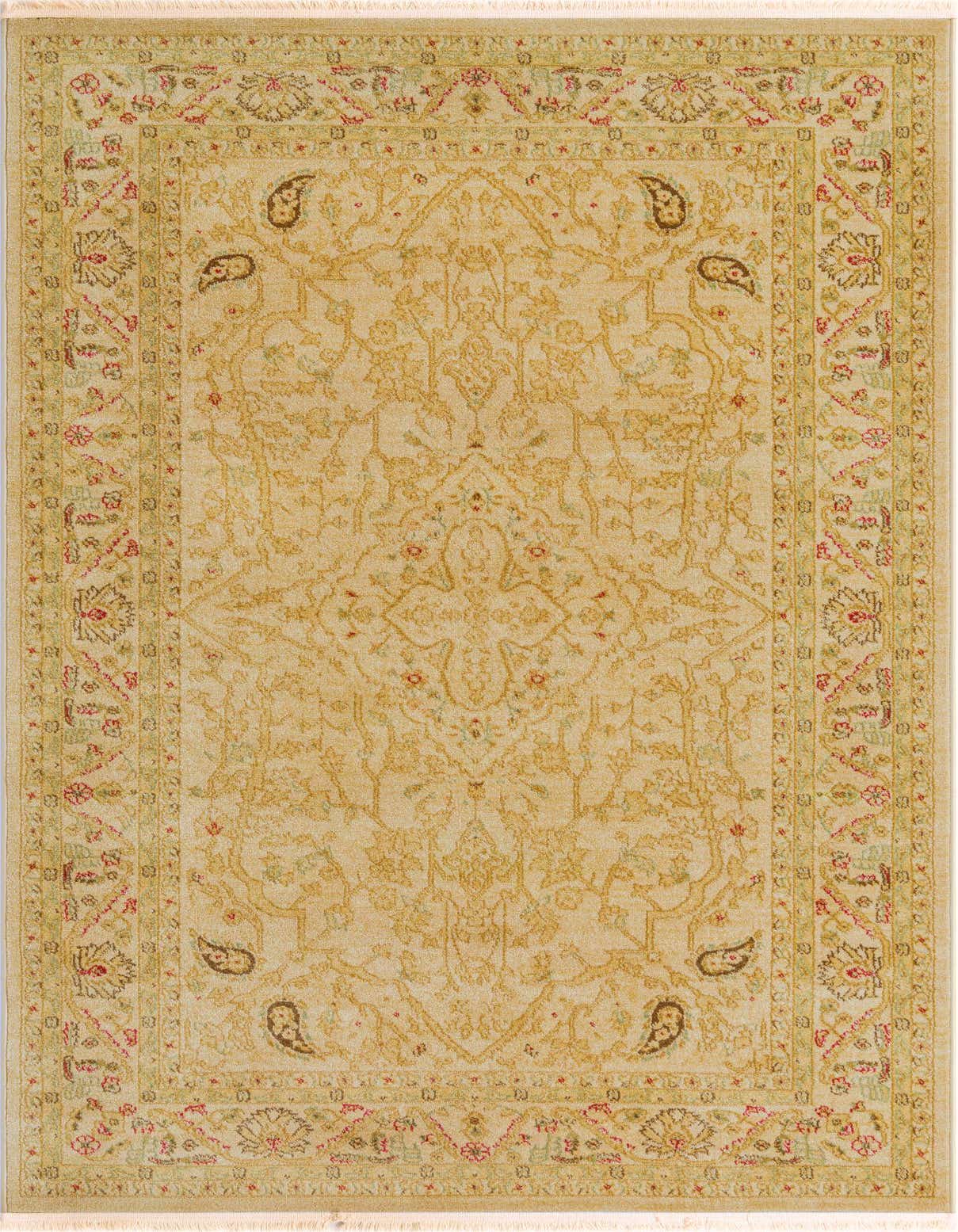 A 5x8 rectangular ivory area rug with a traditional medallion and botanical pattern, featuring subtle cream, green, and red accents.