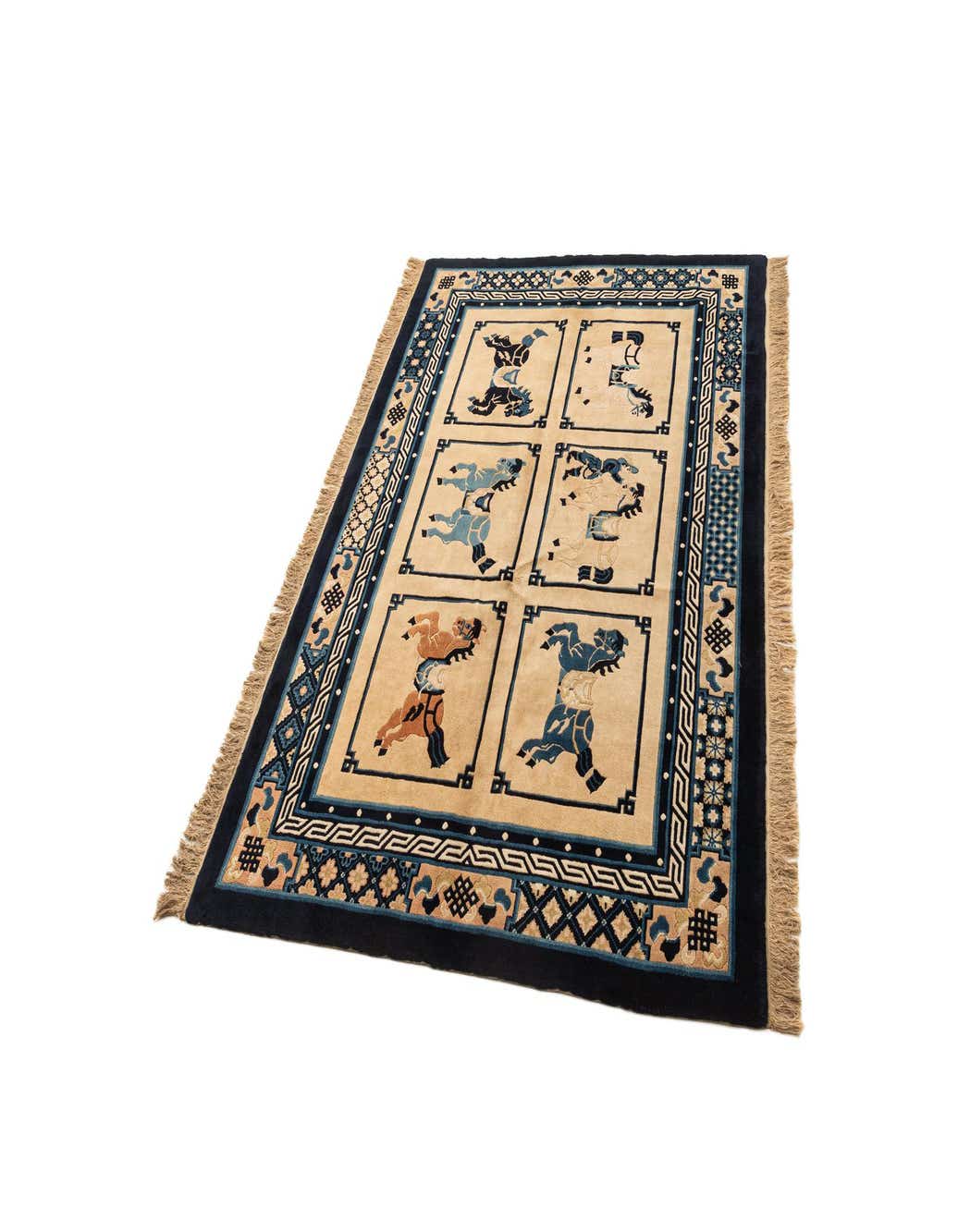 A 4x6 rectangular ivory wool rug with a dark blue border and six framed panels depicting stylized figures in blue and brown.