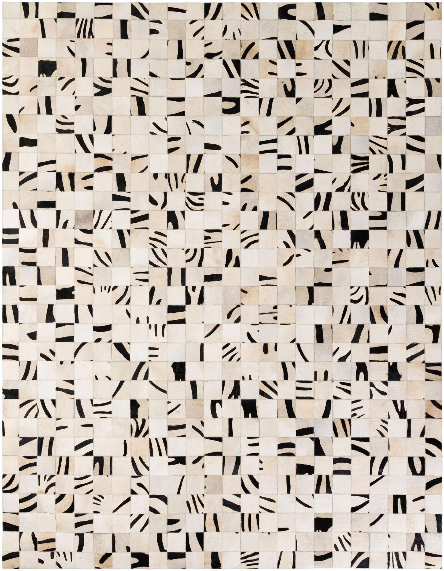 An 8x10 rectangular ivory and cream cowhide rug with a modern abstract pattern of black markings, suitable for a living room.