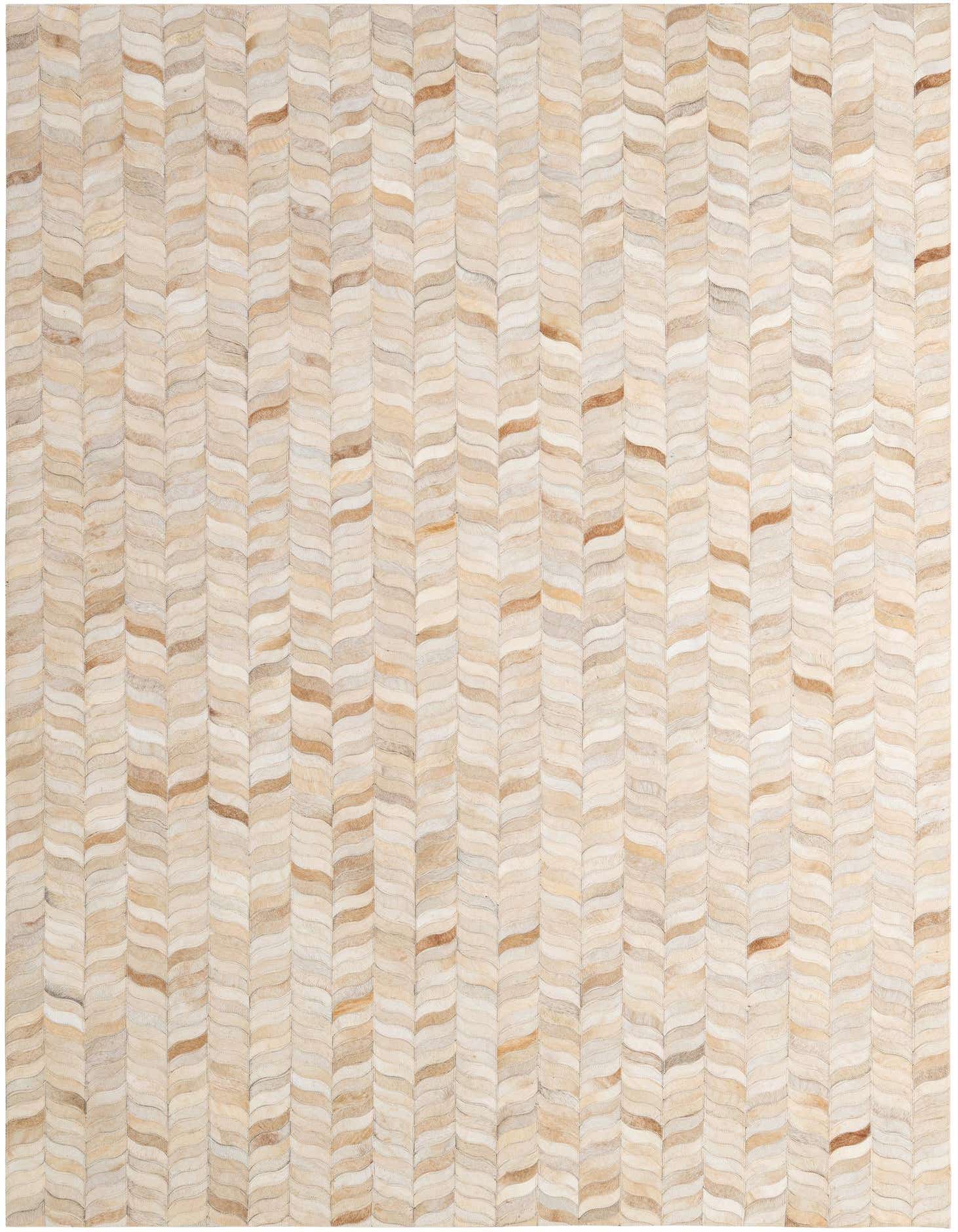A 5x8 rectangular Cowhide - Patchwork rug featuring a modern chevron pattern in shades of ivory and cream, perfect for a living room.